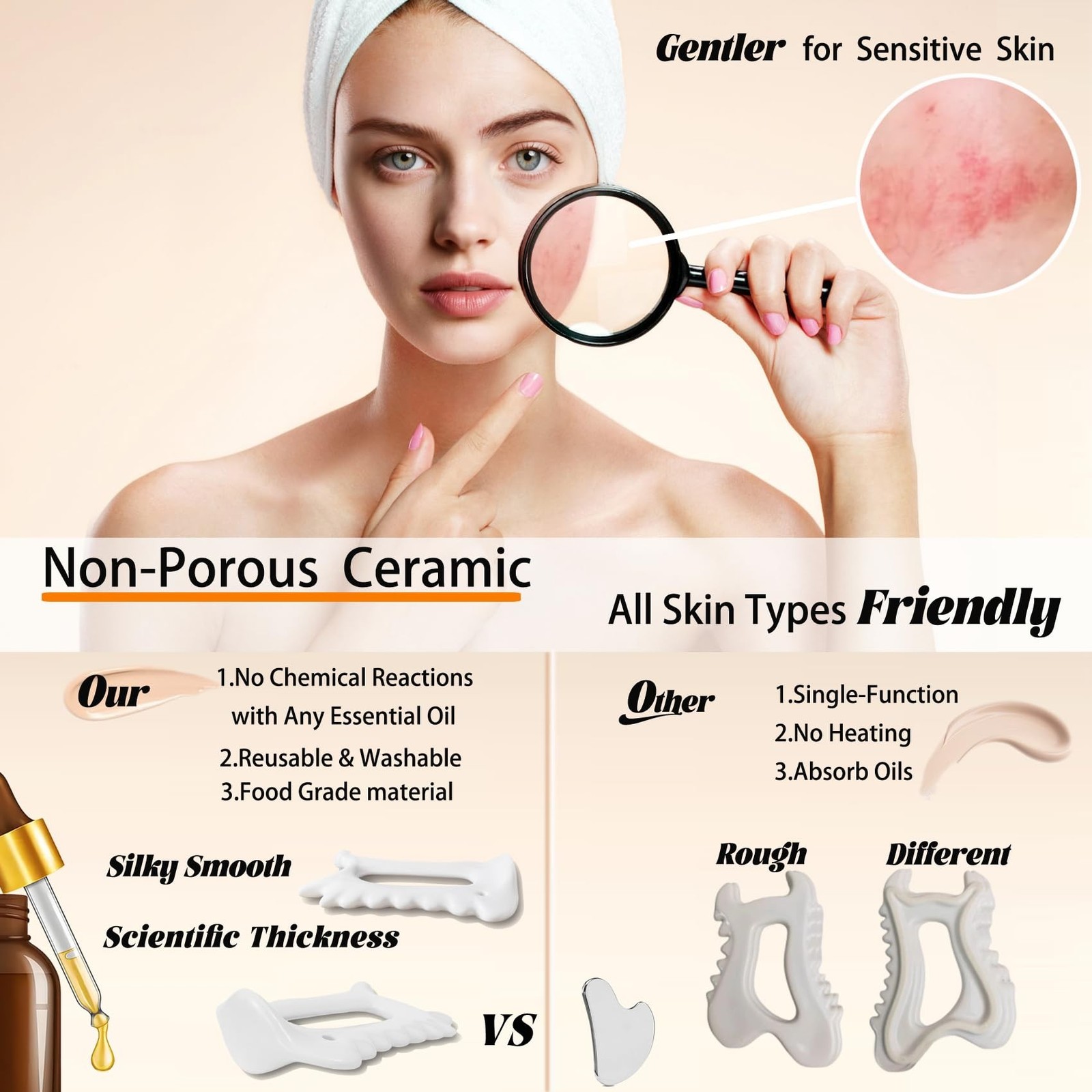 Ceramic 6‑in‑1 Gua Sha Tool for Face & Body, Jawline Sculpting, Doub