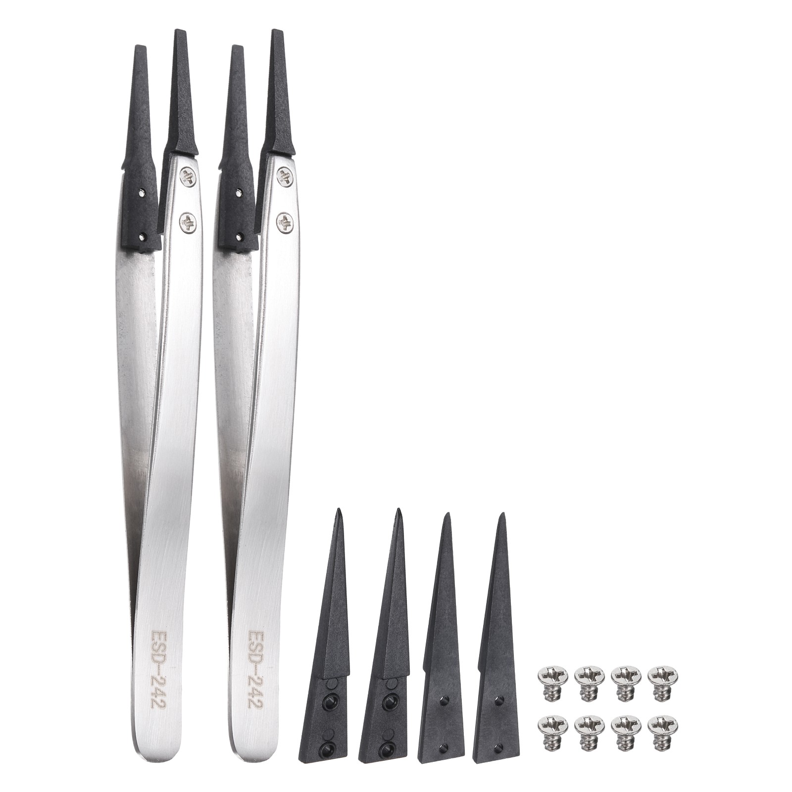 2Pcs ESD-242 Precision Anti-Static Stainless Steel Pointed Tweezers Set, Black