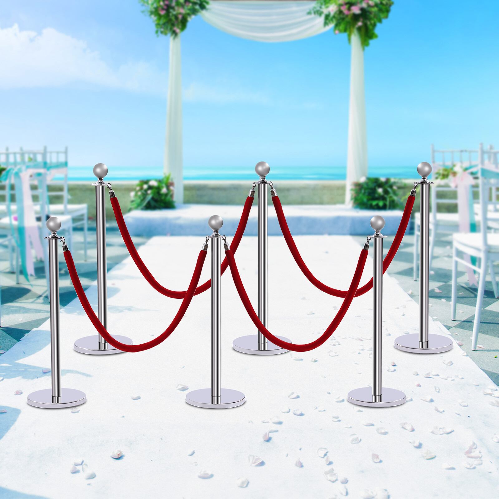 Silver 6Pcs Stanchion Posts with 4 Velvet Ropes Crowd Control Queue Pole Barrier