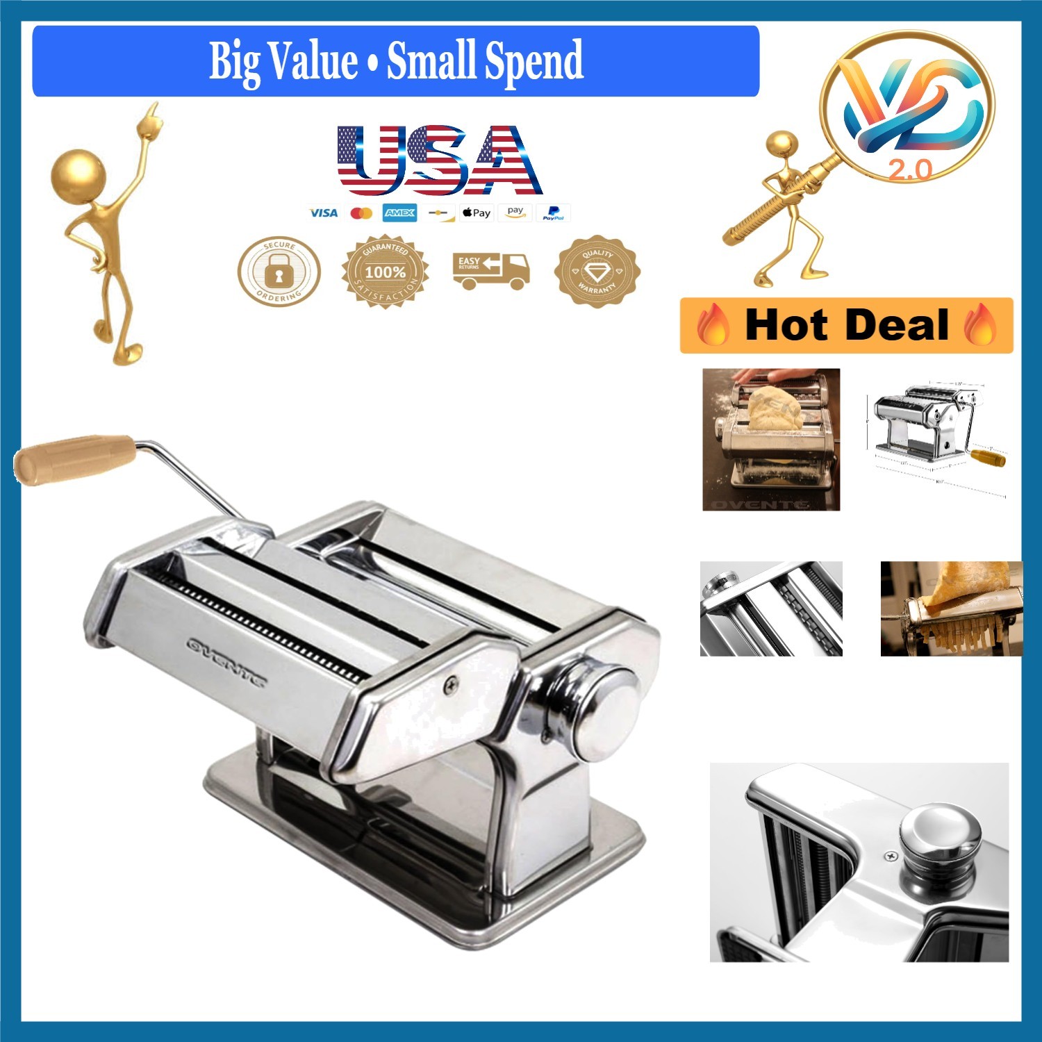 Stainless Steel Pasta Maker Machine with 7 Thickness Settings and Double Cutter