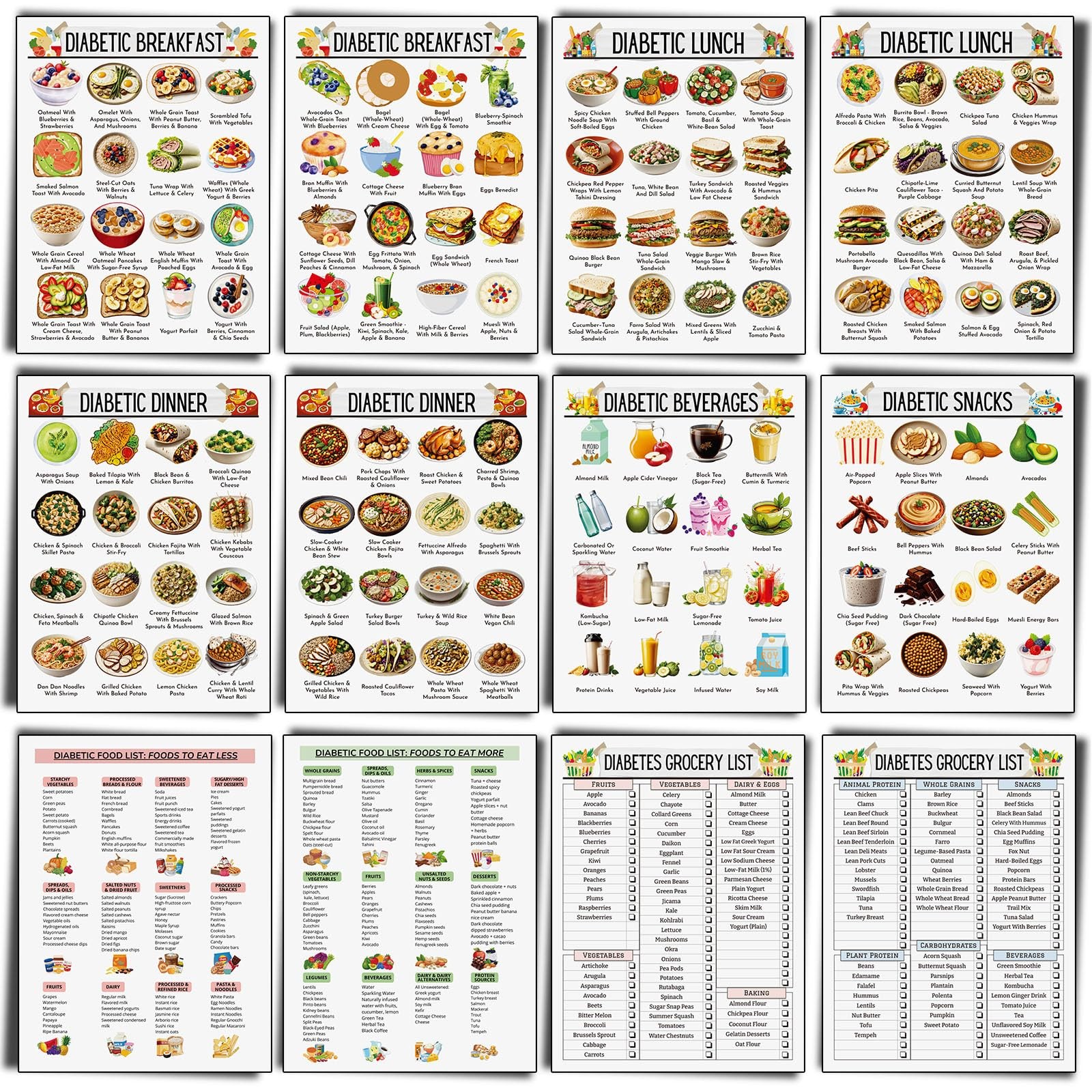 12PCS Diabetes Food List Meal Chart Low Carb Foods Plan for Blood Sugar Control