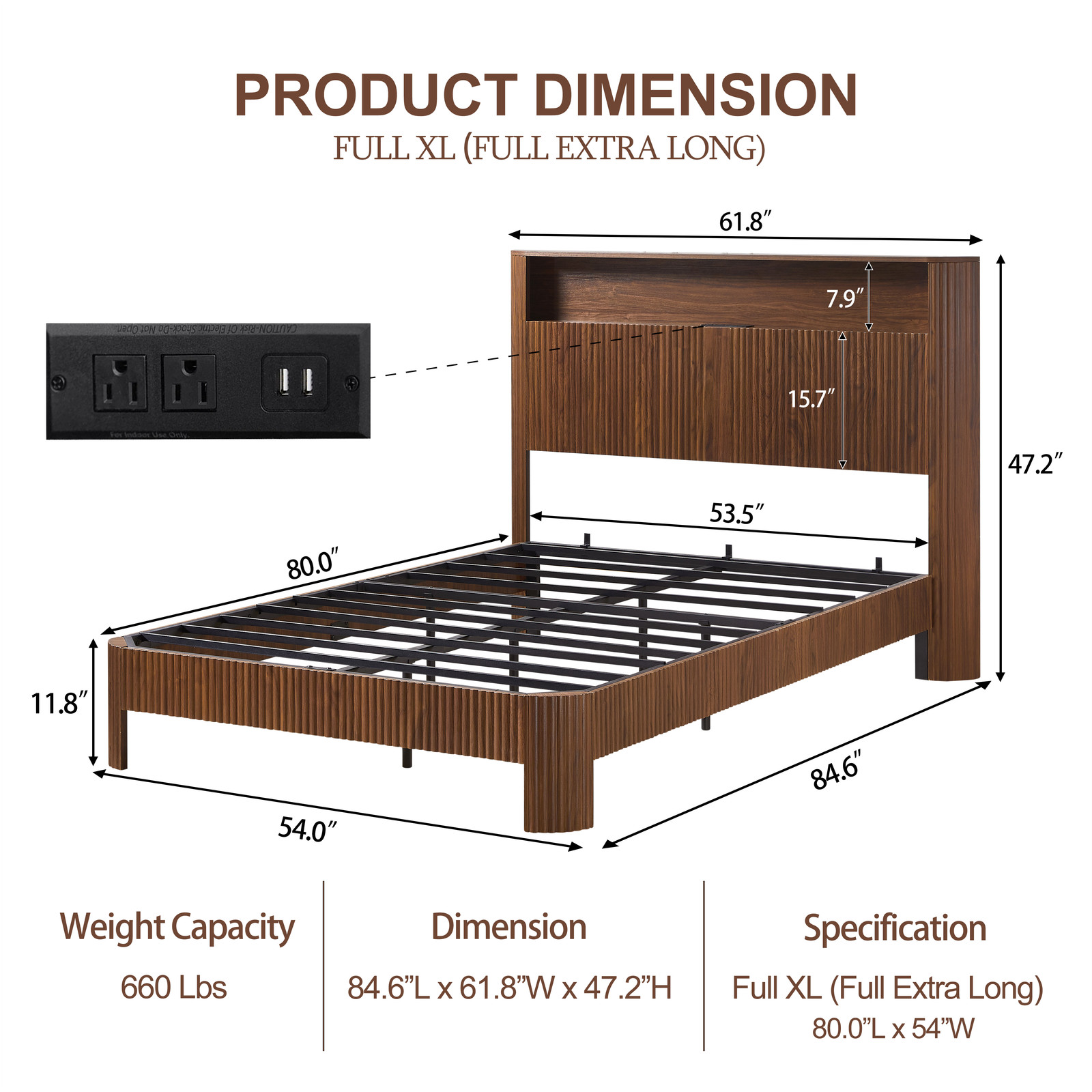 Full XL Bed Frame Storage Headboard Charging Station Metal Support Walnut