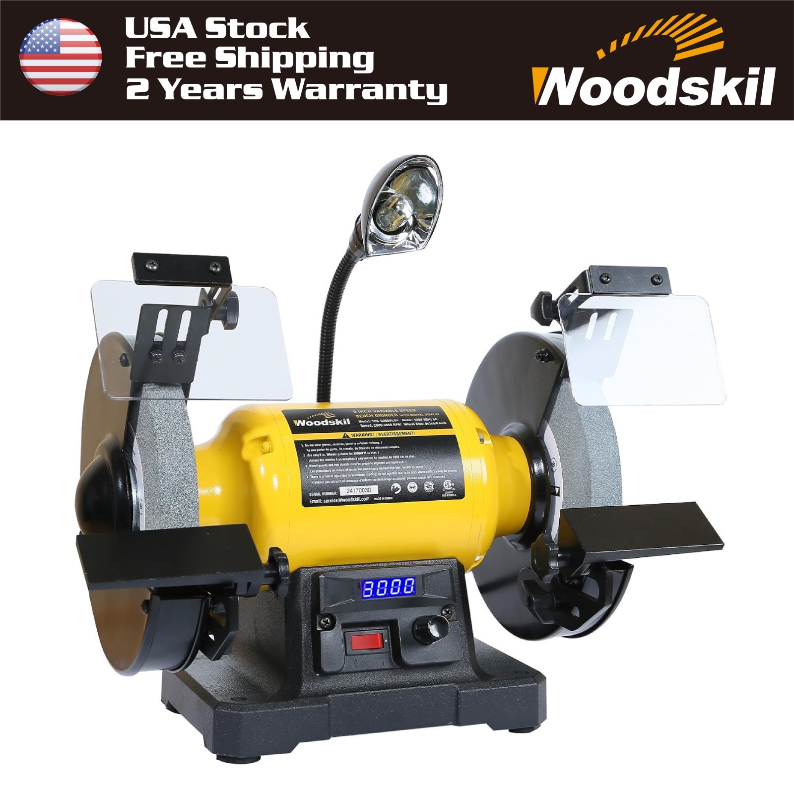 Woodskil Digital Display 3/4HP 8 In Variable Speed Bench Grinder with Work Light