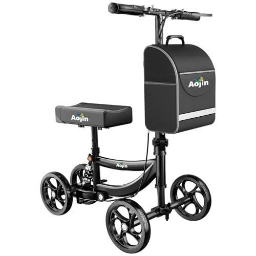 Aojin Knee Scooter All Terrain 300Lb Foldable Walker W/ Bag Black, Wb-2201
