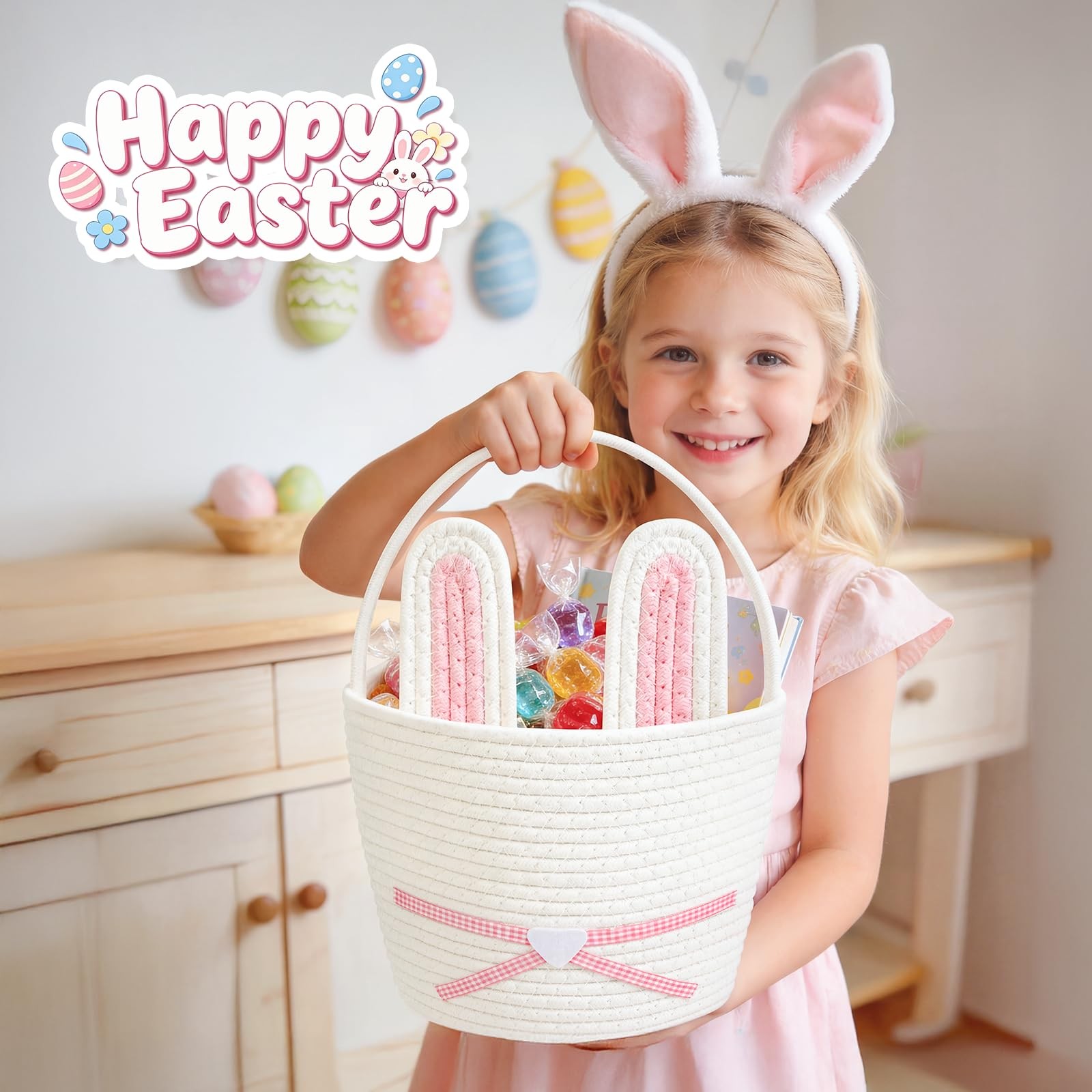 Easter Basket, Woven Easter Bunny Basket with Handle, Empty Gift Baskets East...
