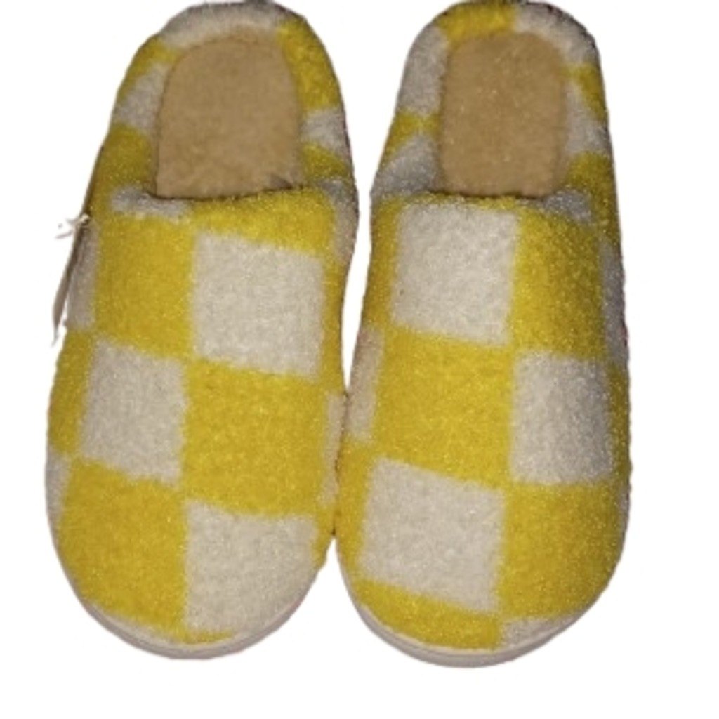 Cozy Plush White Slippers with Yellow Checker Print Rubber Soles M (7-8)