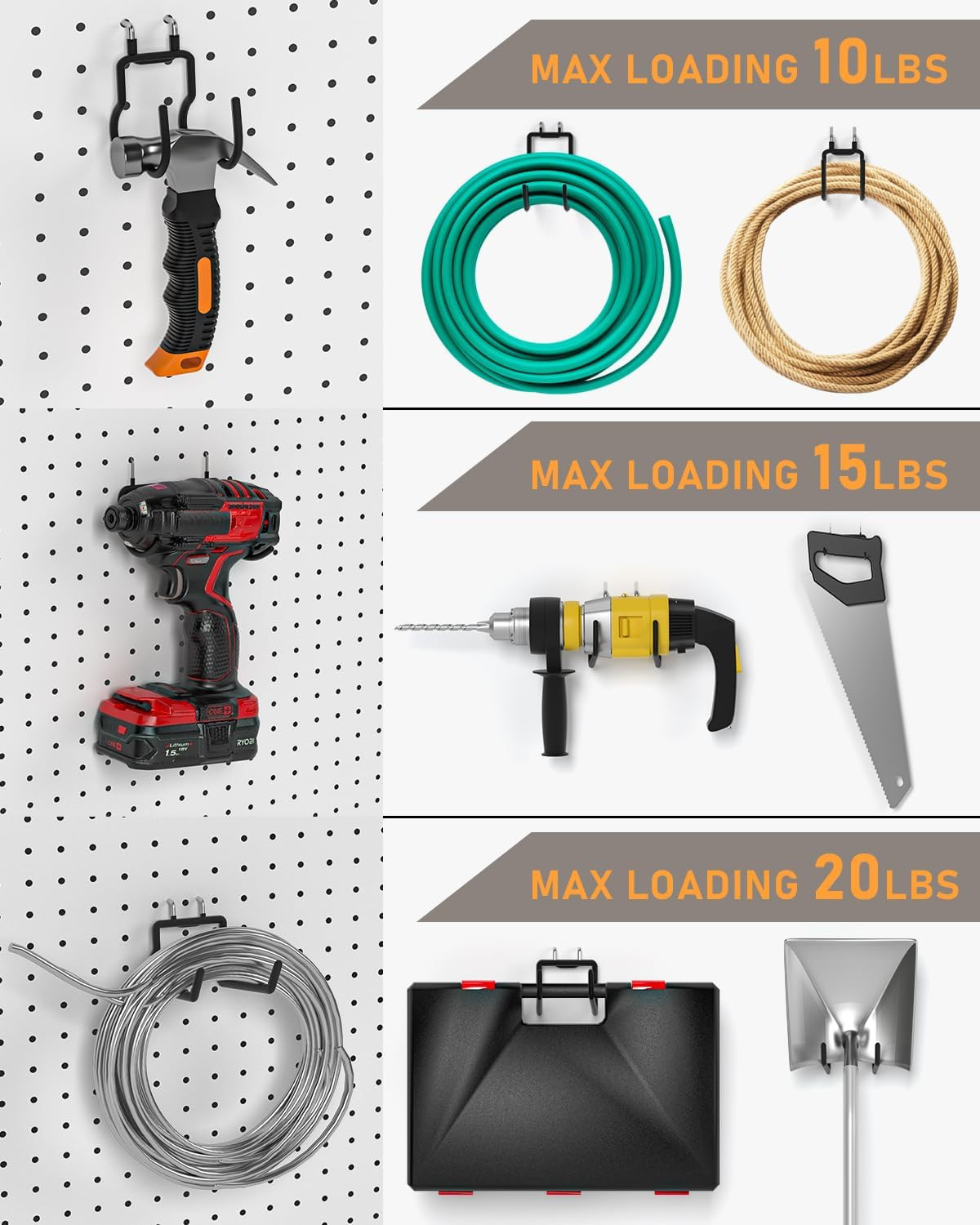10 Pack Heavy Duty Pegboard Hooks, 1/4" Pegboard Drill Holder Tool Utility Hooks