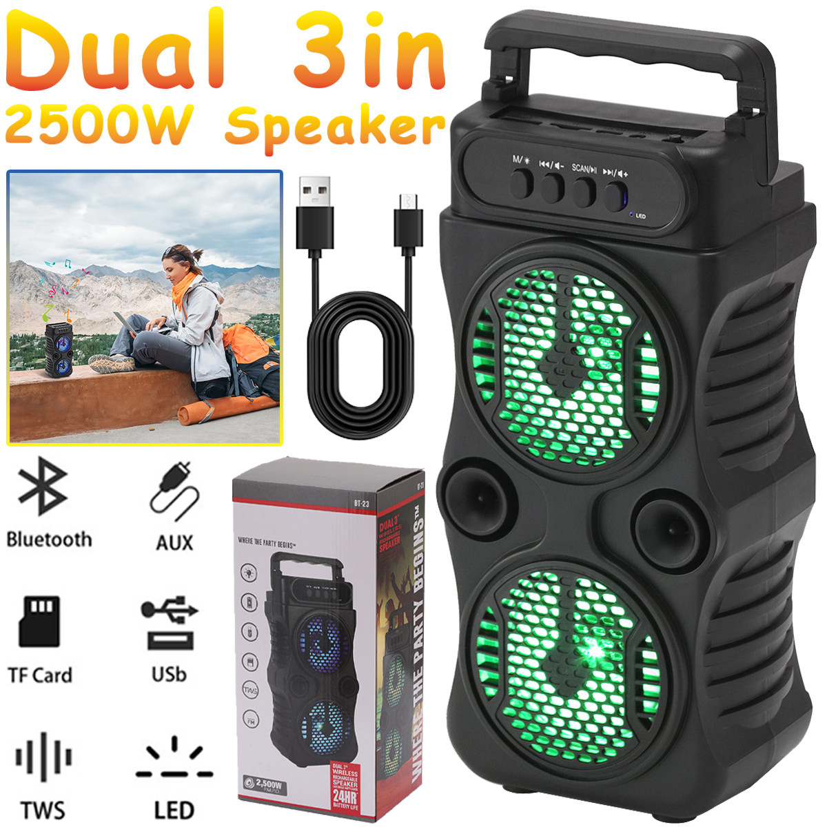 2500W Portable Dual 3" Bluetooth Speaker Heavy Bass Loud Sound Party Subwoofer