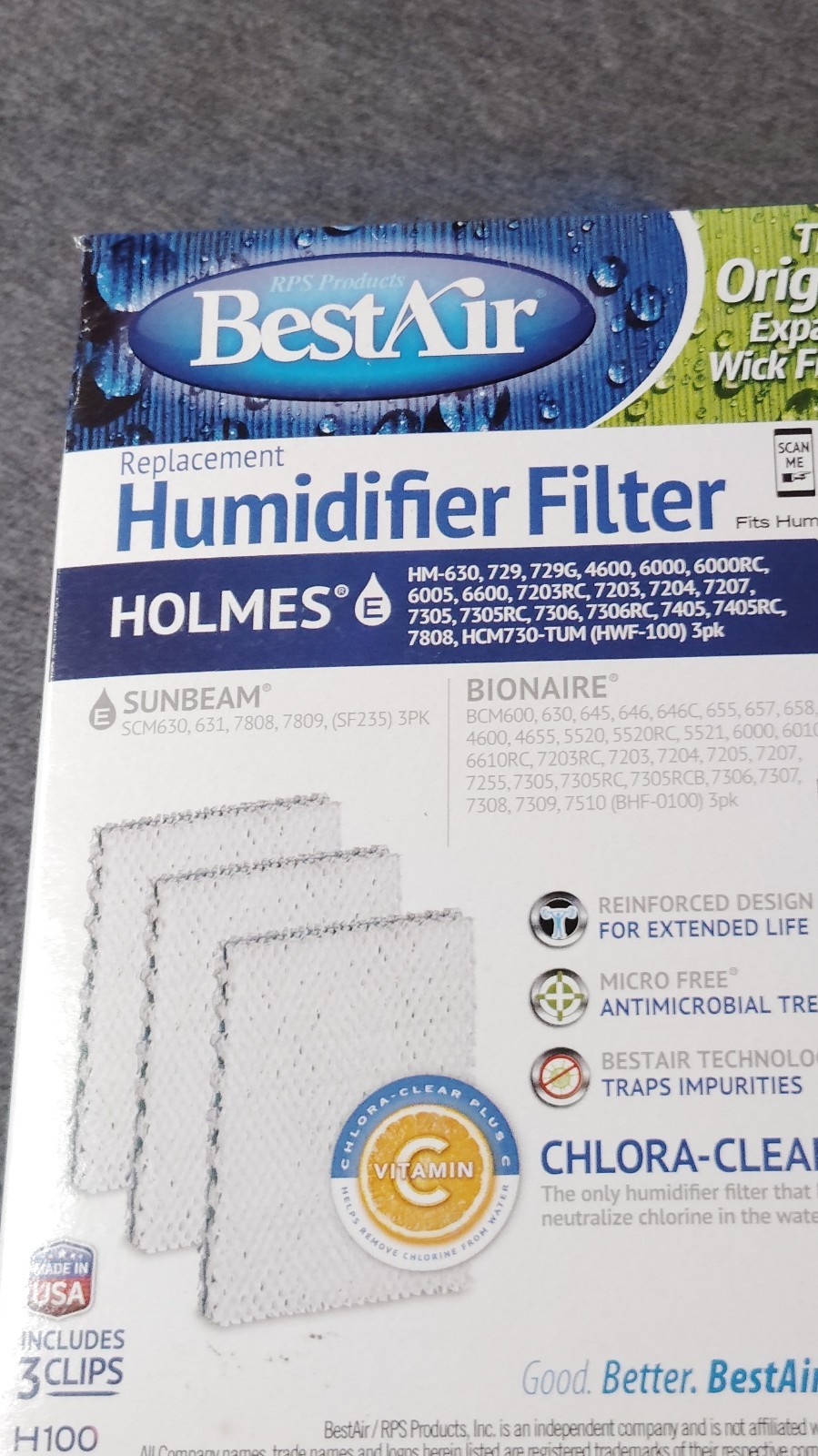 BestAir H100 Humidifier Filter 3 Pack White Chlorine Impurities Replacement