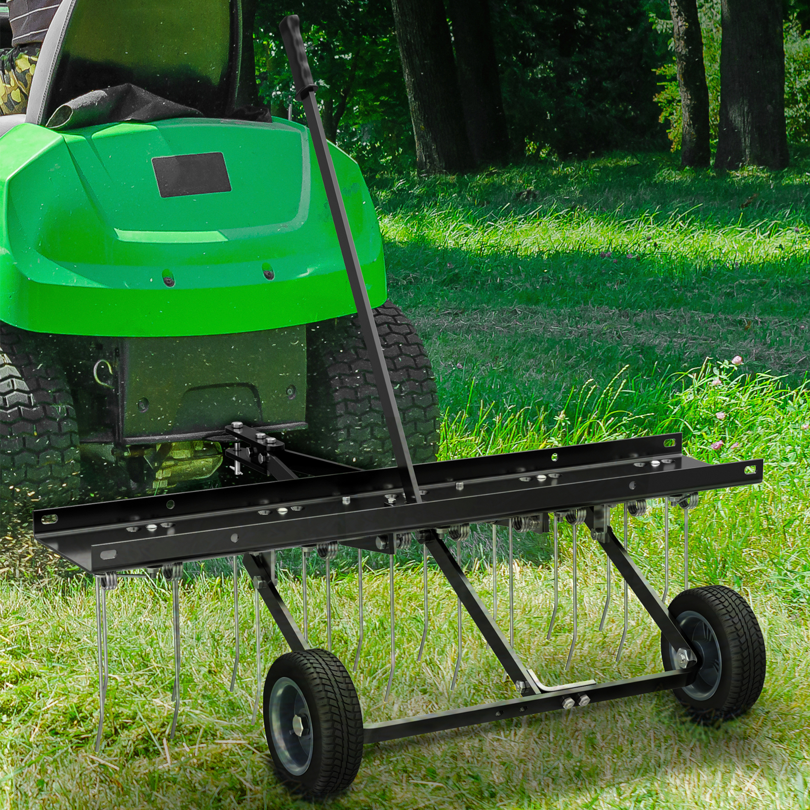 40" Dethatcher Tow Behind Lawn rake Sweeper W/ Transport Handle Rust-proof Black