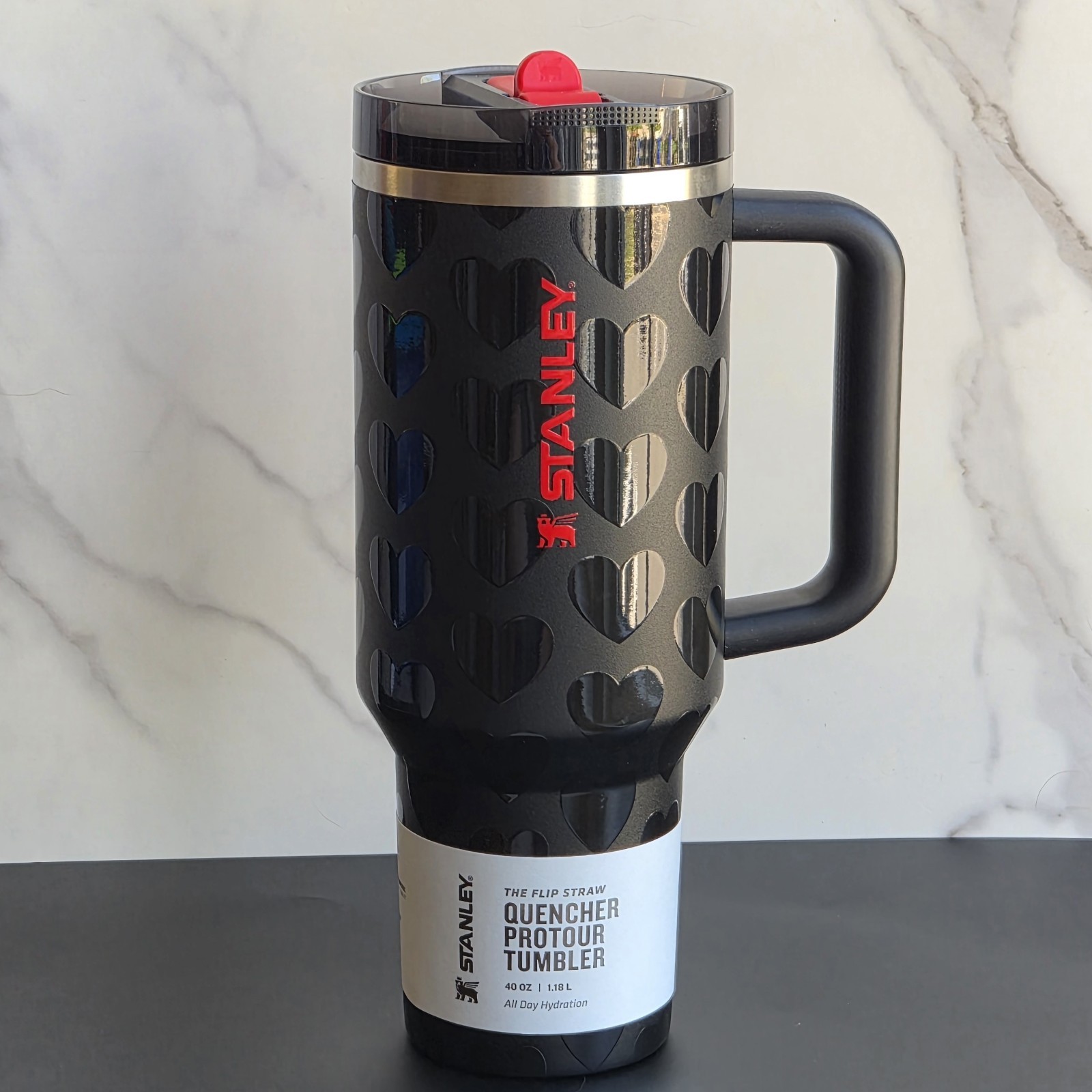 NEW Stanley 40oz Quencher H2.0 Black Lovely Hearts Valentine's Day 2026 (Read)