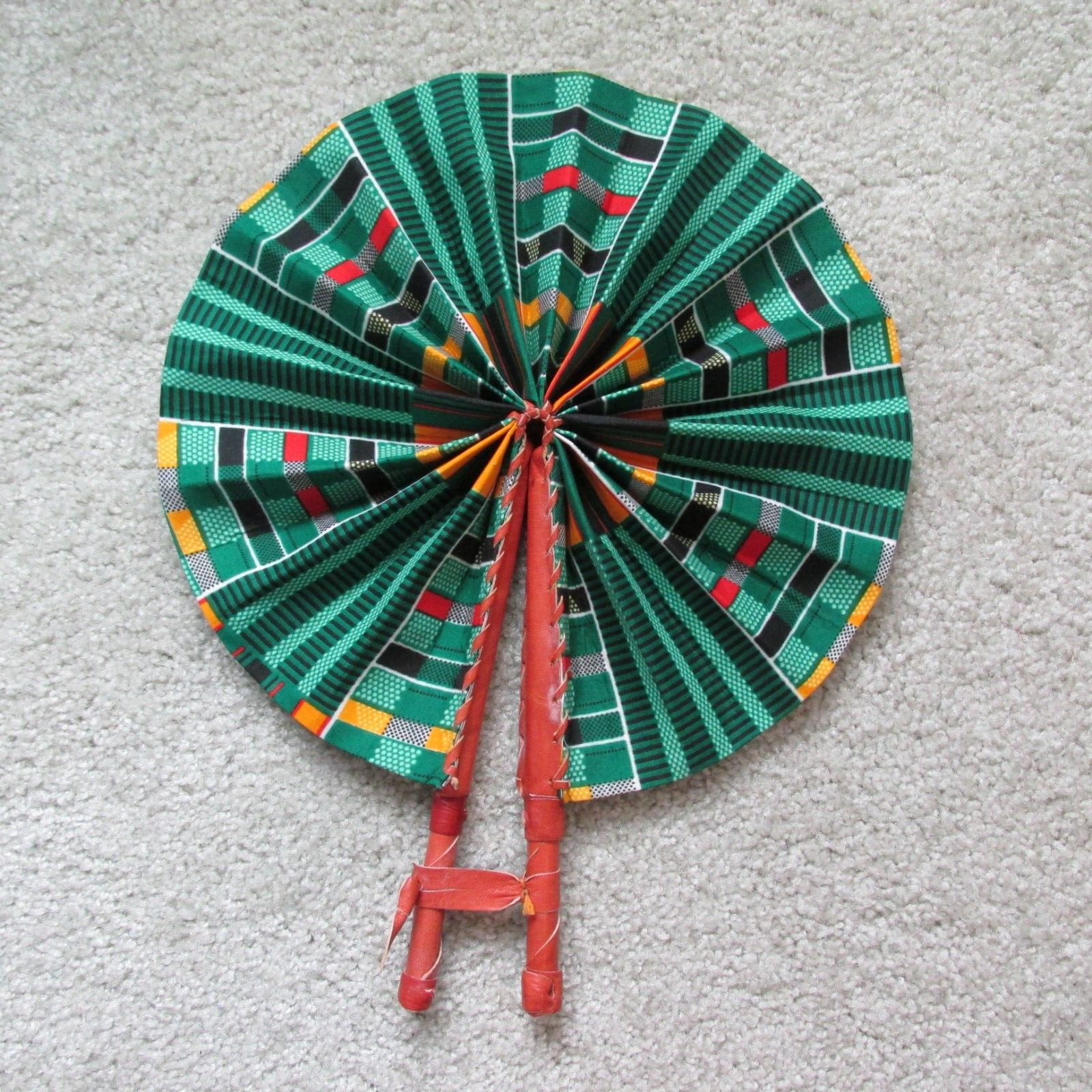 African Kente Print Hand Held Fan leather handles