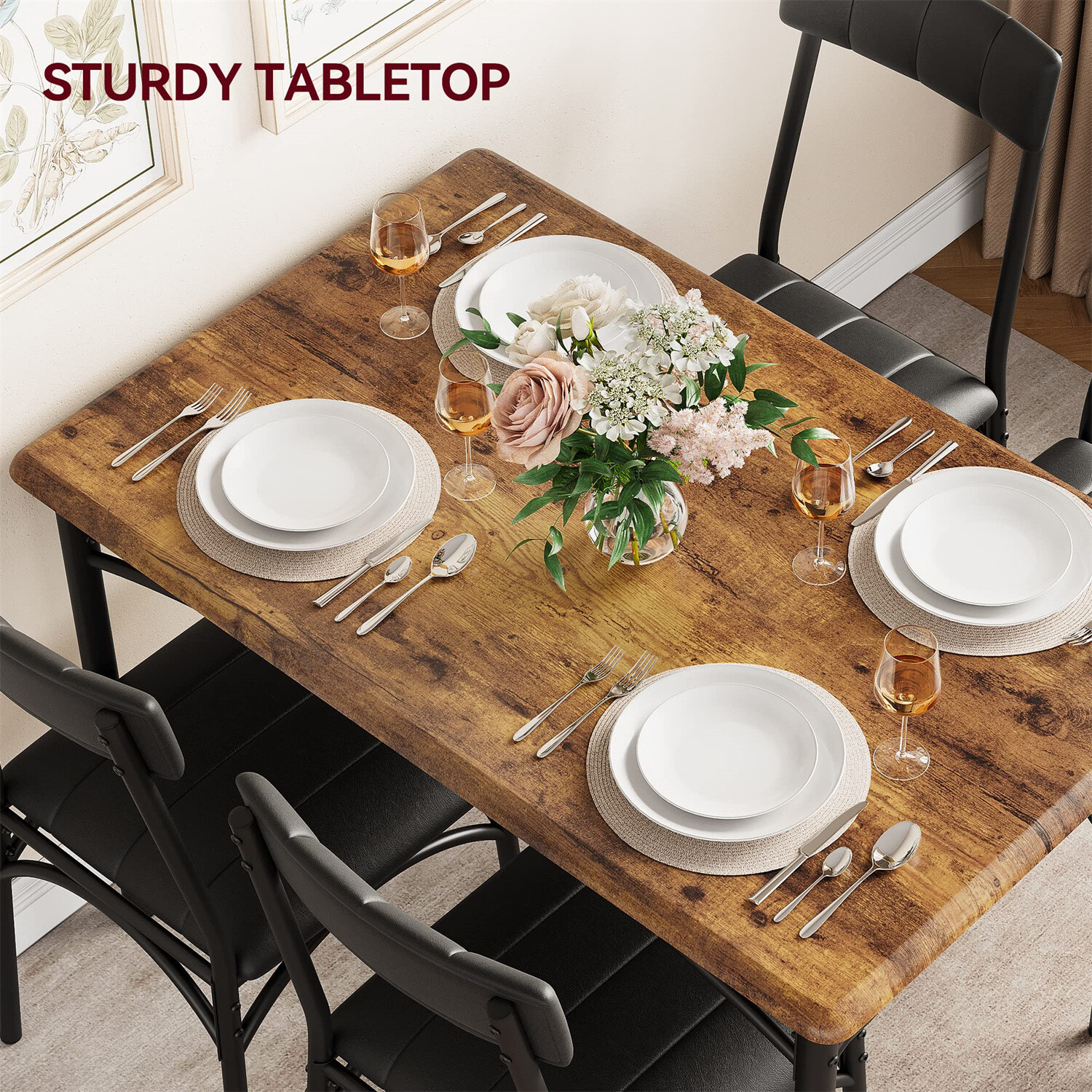 ✈️💒Dining Table Set for 4 Kitchen Table and Chairs Metal and Wood Upholstered C