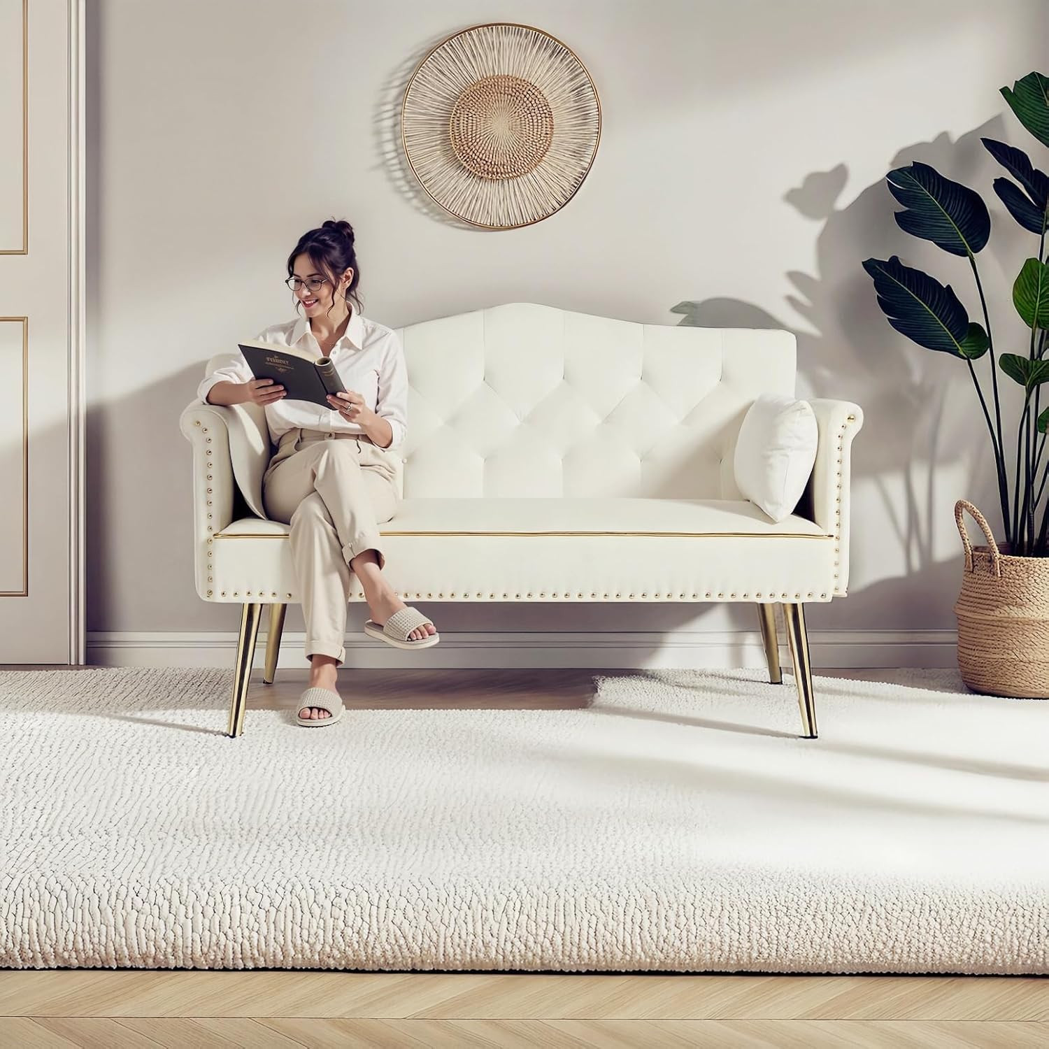 Chic Beige Velvet Loveseat Sofa with Gold Legs & Convenient Side Pockets