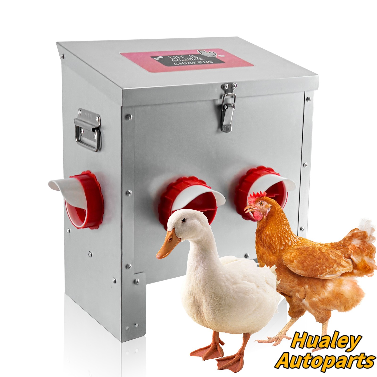 Extra Large Chicken Coop Feeder, 25 lb Galvanized Metal with 4 No-Waste Ports