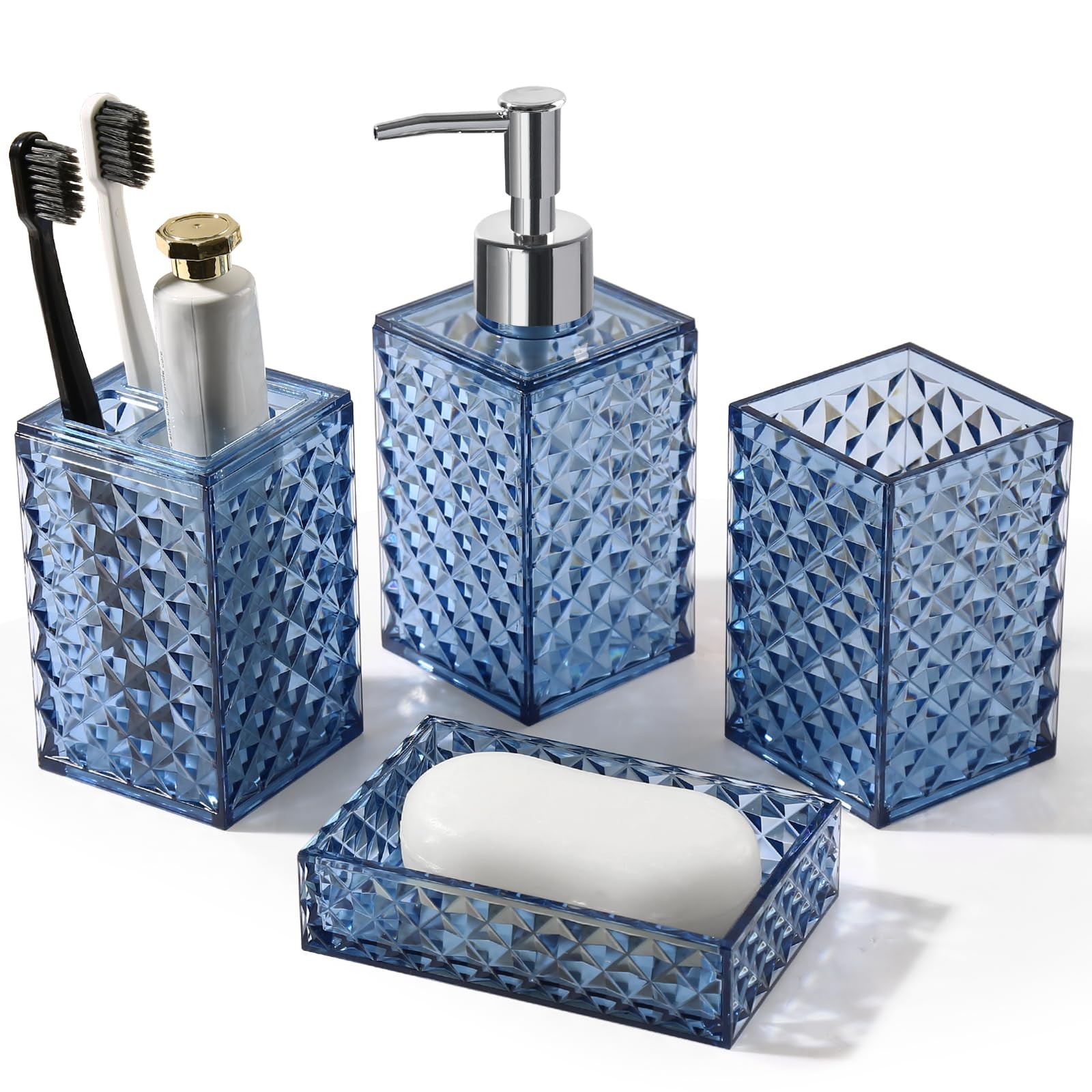 Bathroom Set, 4 Pack Blue Acrylic Bath Accessory Sets Complete, Diamond Soap ...