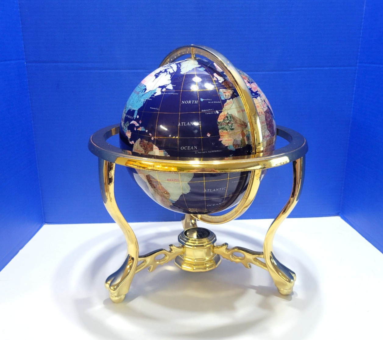 Large Vintage Globe Lapis and Authentic Gemstones on Brass Tripod 13 x 12