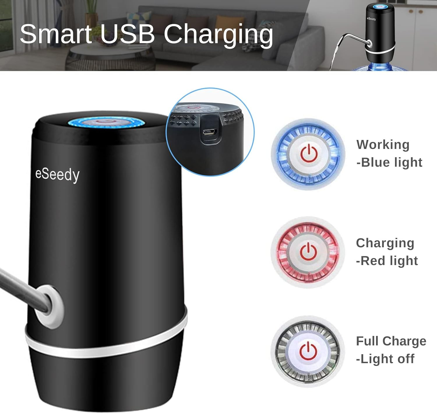 Automatic USB Rechargeable Water Pump for 5 Gallon Bottles - Black