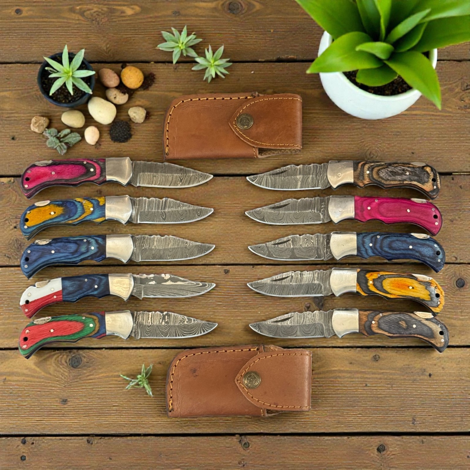 Folding Knives | Lot of 10 | Damascus Steel Blade | Leather Sheath | D277
