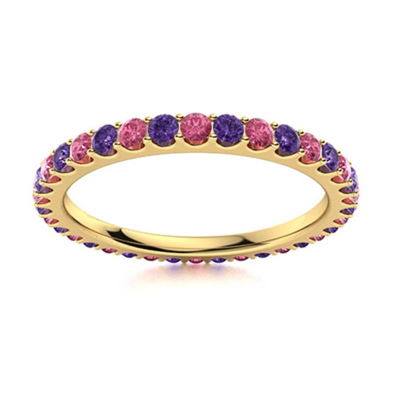 2mm Amethyst & Pink Topaz Eternity Band Ring 925 Sterling Silver Yellow Plated