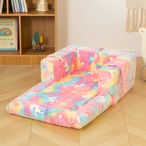 2-in-1 Flip Detachable Kids Sofa, Toddler Reading Couch, Cuddly Unicorn Design