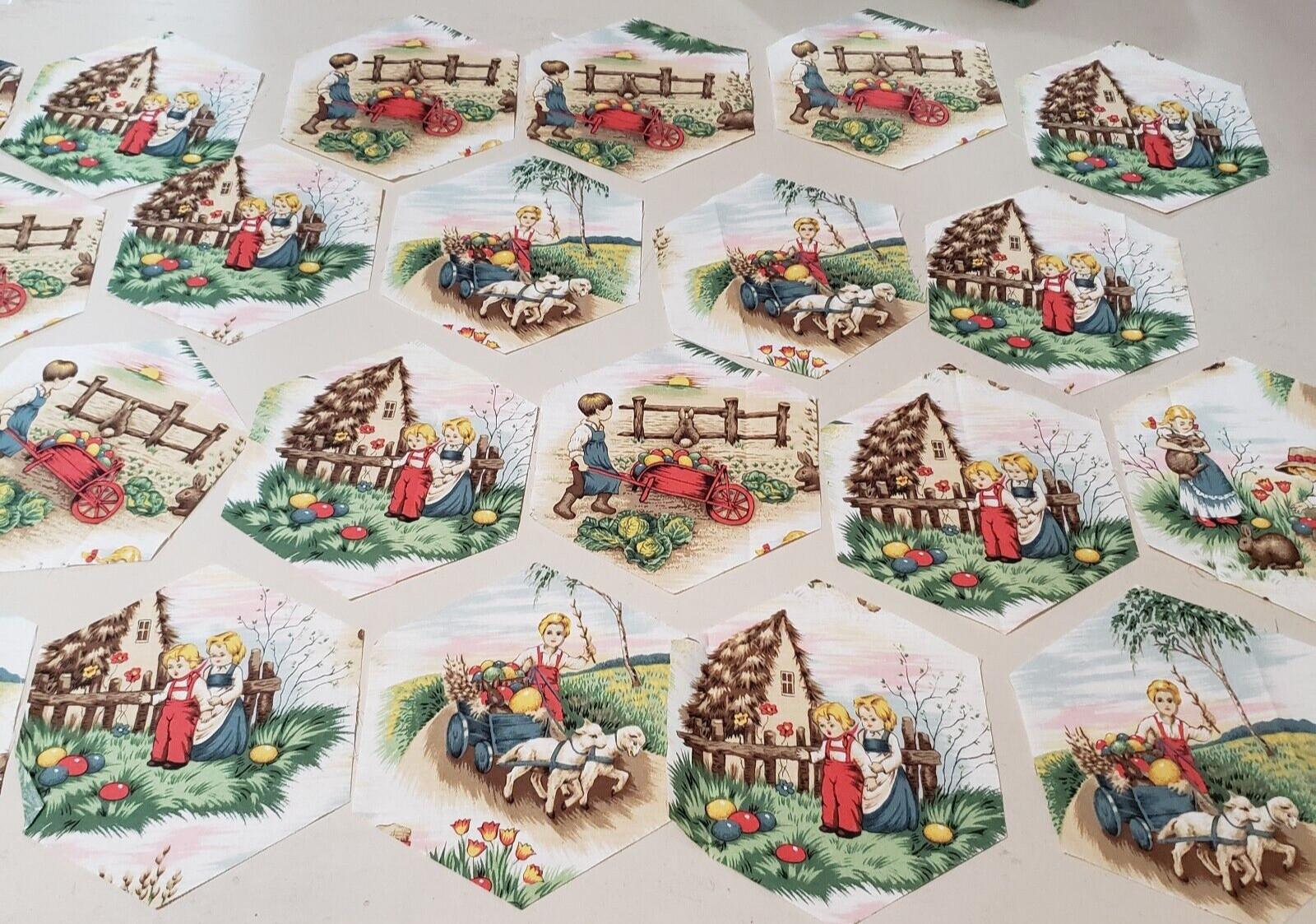 23 Cotton Fabric Cut Craft Pieces Rabbits Lambs Easter Eggs Sewing Quilting
