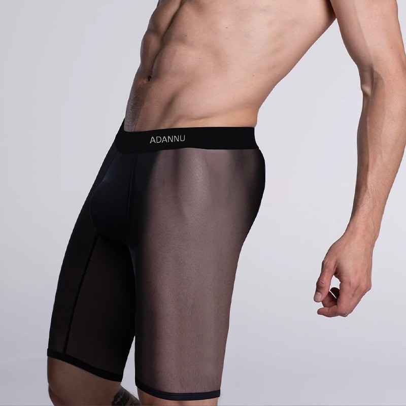 Men Transparent Pouch Long Boxer Underwear Sexy Ultra Thin Trunks Shorts Pants @