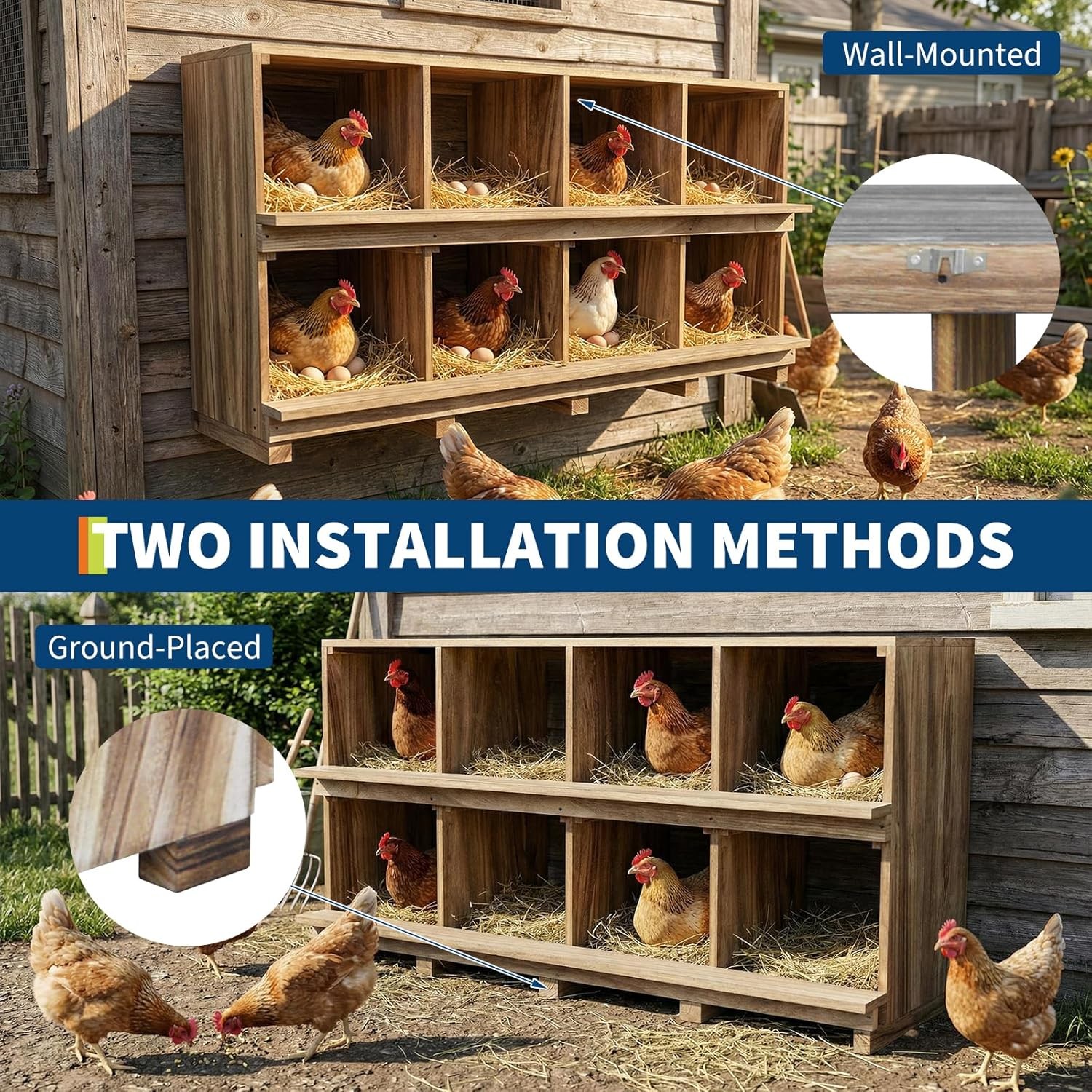 Chicken Nesting Box 8 Compartment Wooden Nesting Boxes Floor Stand/Wall Mount