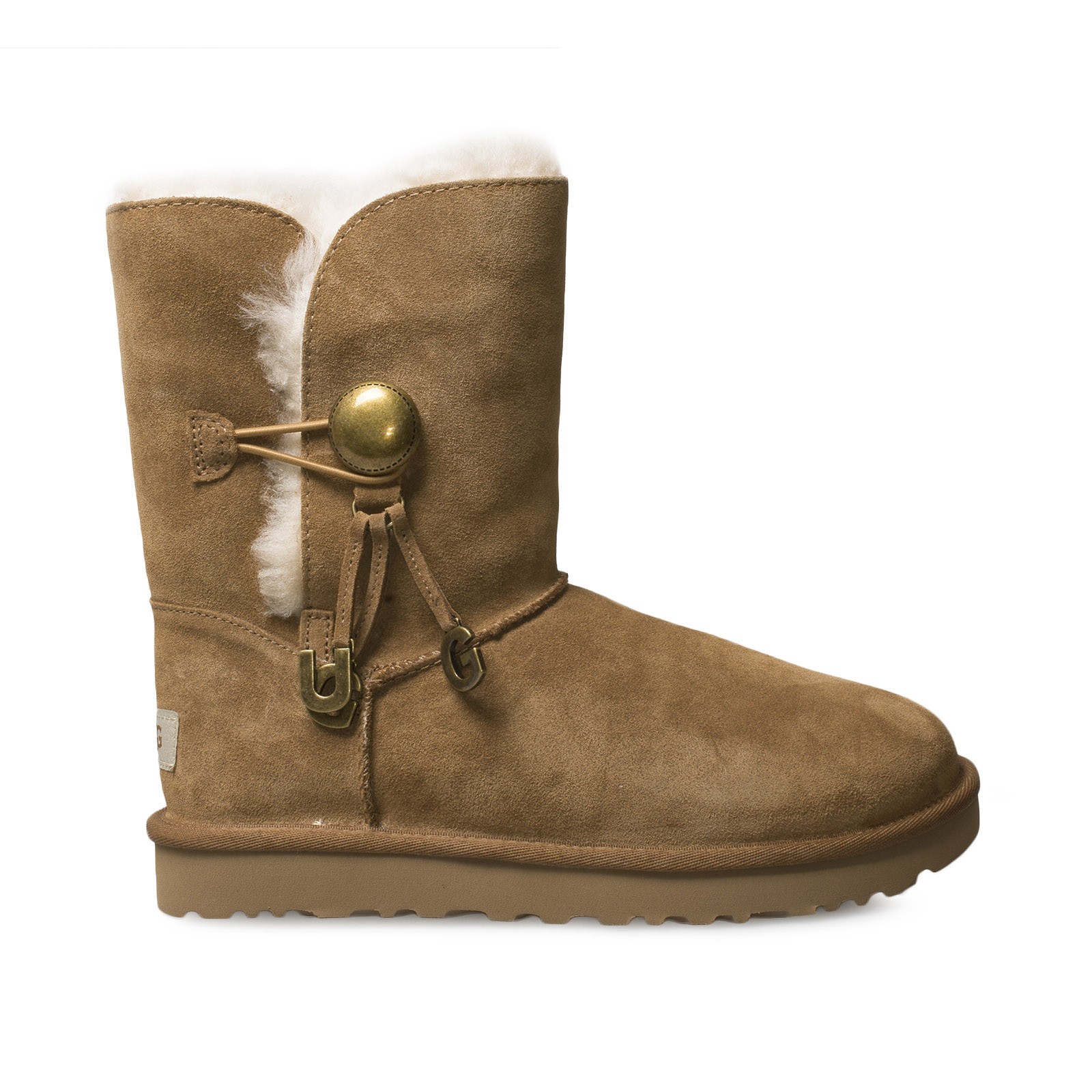 UGG BAILEY BUTTON UGG CHARM CHESTNUT SUEDE SHEEPSKIN WOMEN'S BOOTS SIZE US 7 NEW