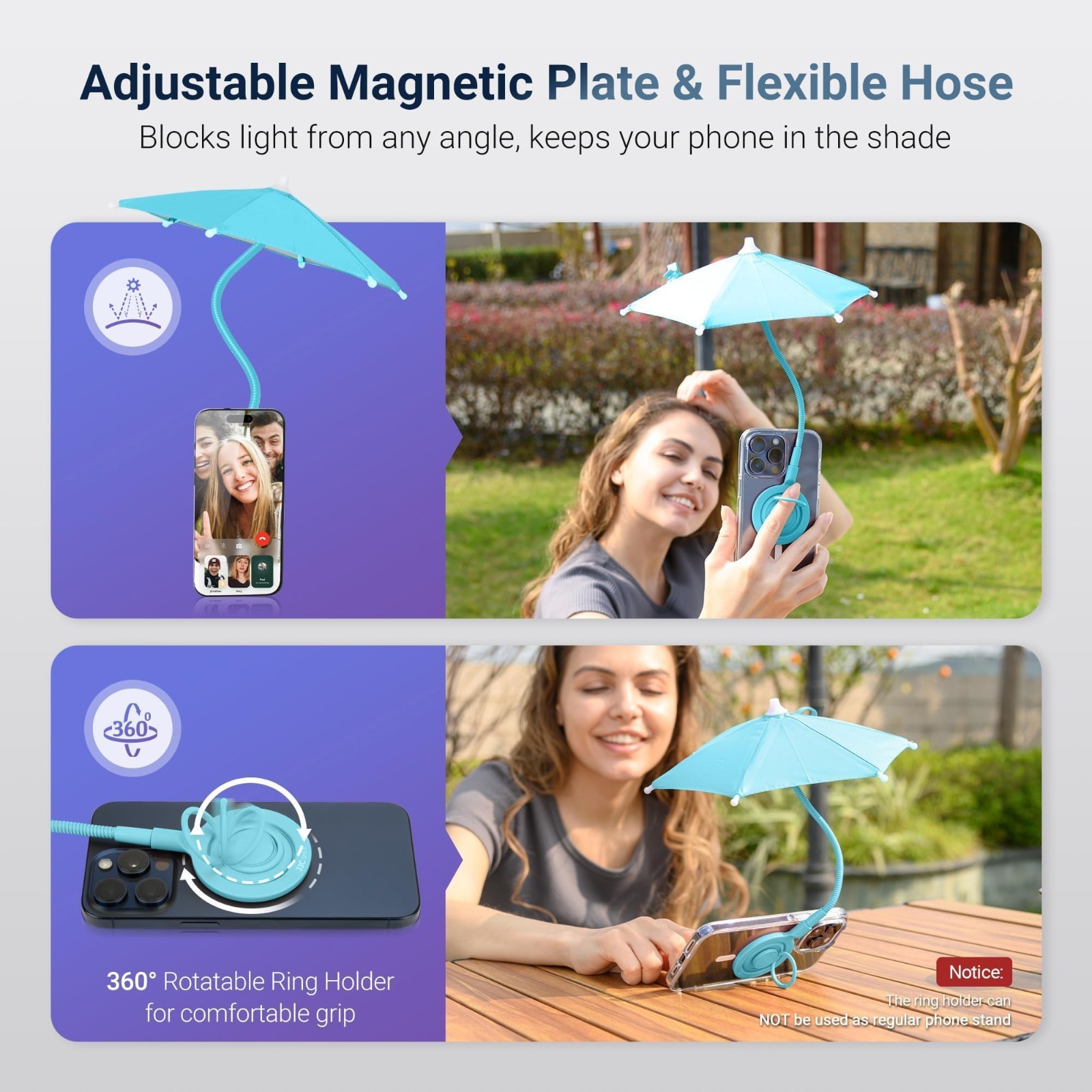 Magnetic Phone Umbrella Sun Shade Shield - Flexible Angle & Rotatable Ring, Blue