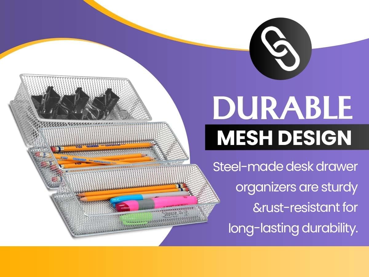 Silver Mesh Drawer Organizer and Storage for Kitchen Drawers, Serves as Schoo...