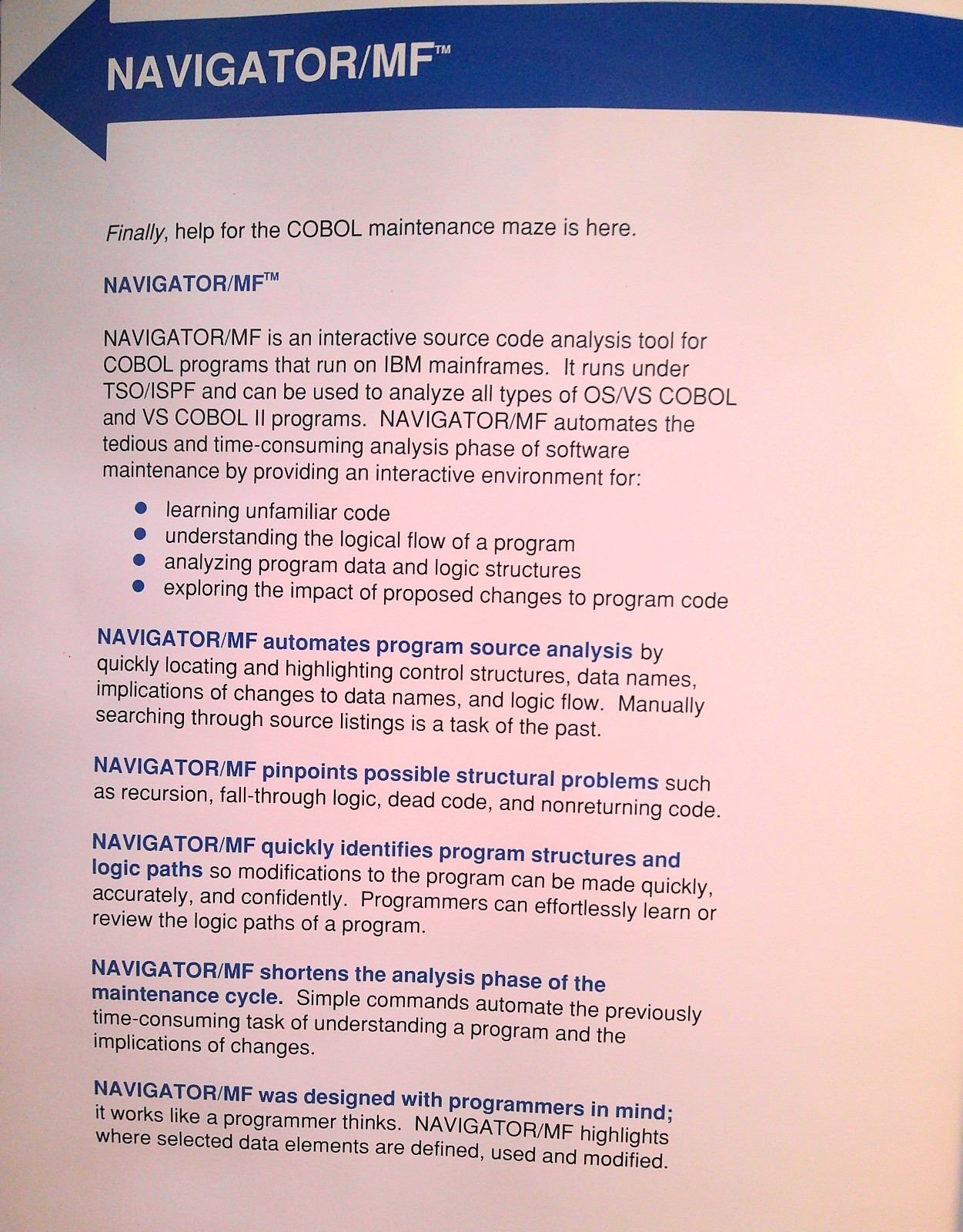 NAVIGATOR/MF brochure 1989 Source code analysis for IBM mainframe COBOL programs