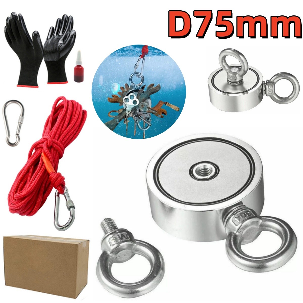 900 LBS D75mm Double Sided Magnet Fishing with Rope Gloves Kit Treasure Hunting