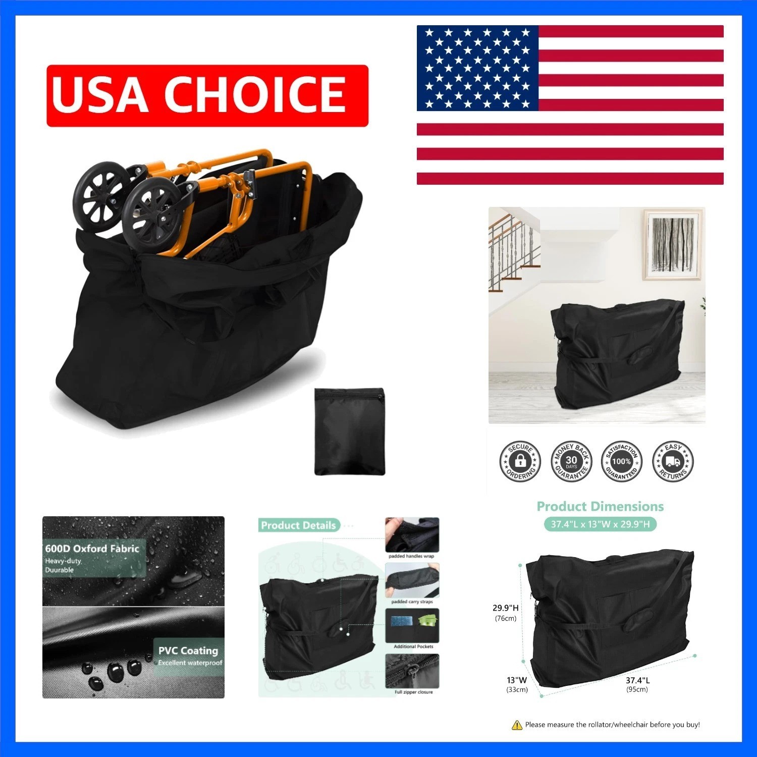 Rollator Travel Bag 600D Waterproof Wheelchair Carry & Travel Bag for Rollato...