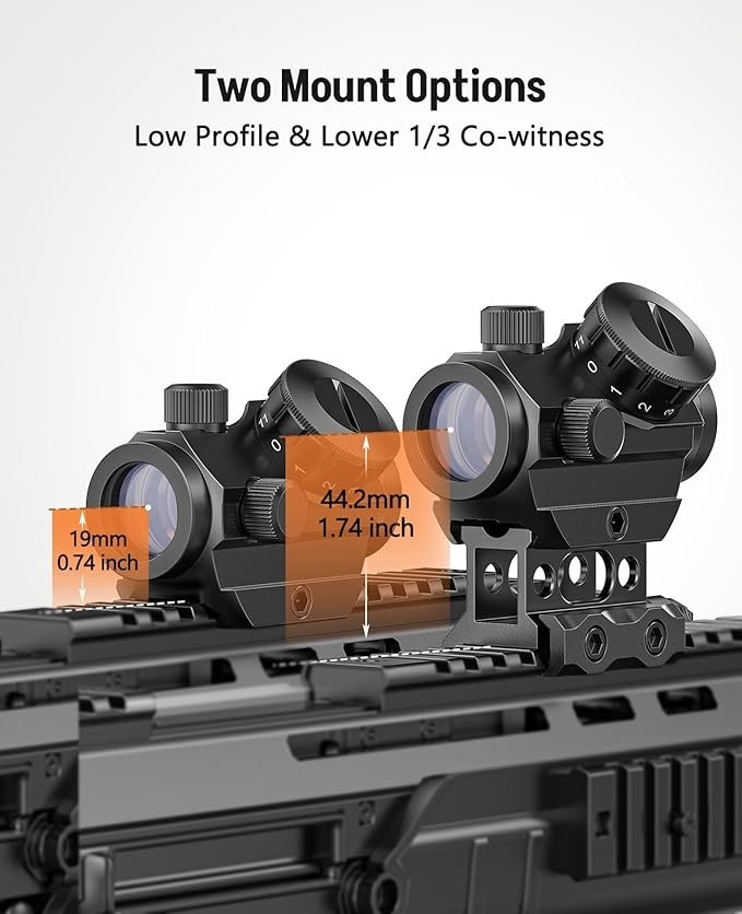 2MOA Riflescope Red Dot Sight 1x25mm Reflex Sight with 1 inch Riser Mount