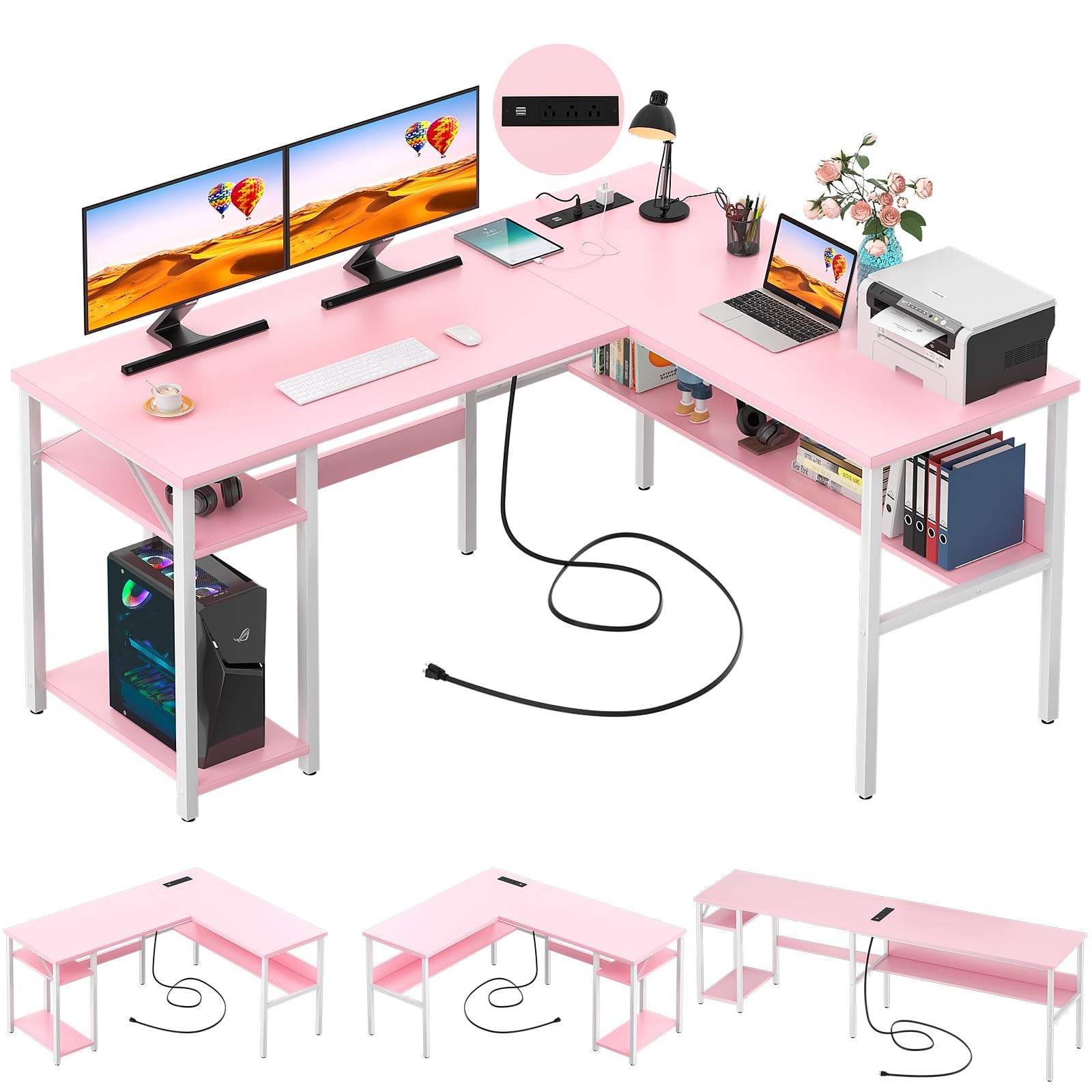 Unikito Reversible L Shaped Desk Pink Power Outlets USB