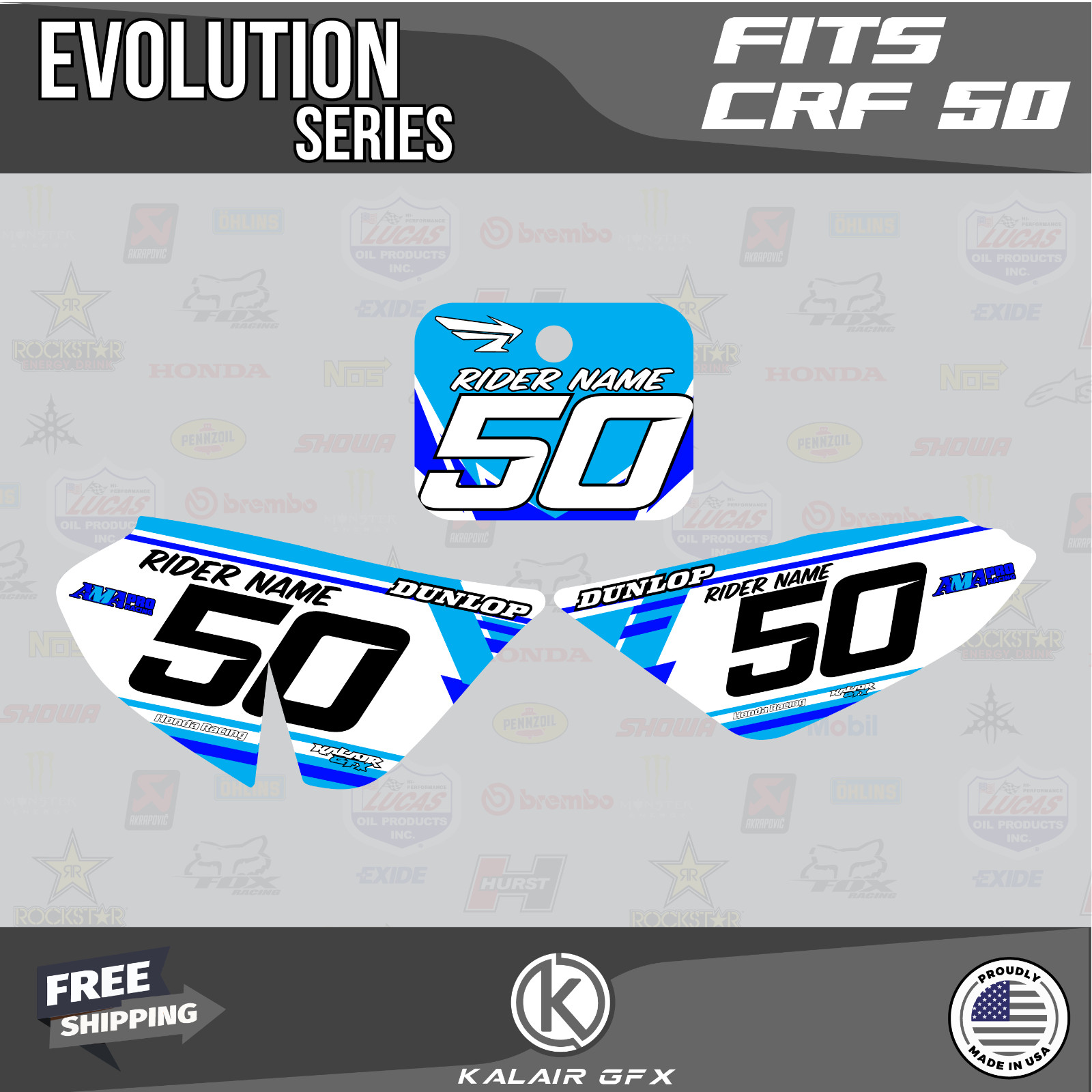 Graphics Kit for Honda CRF50 (2004-2012) or (2013+) Evolution - Blue