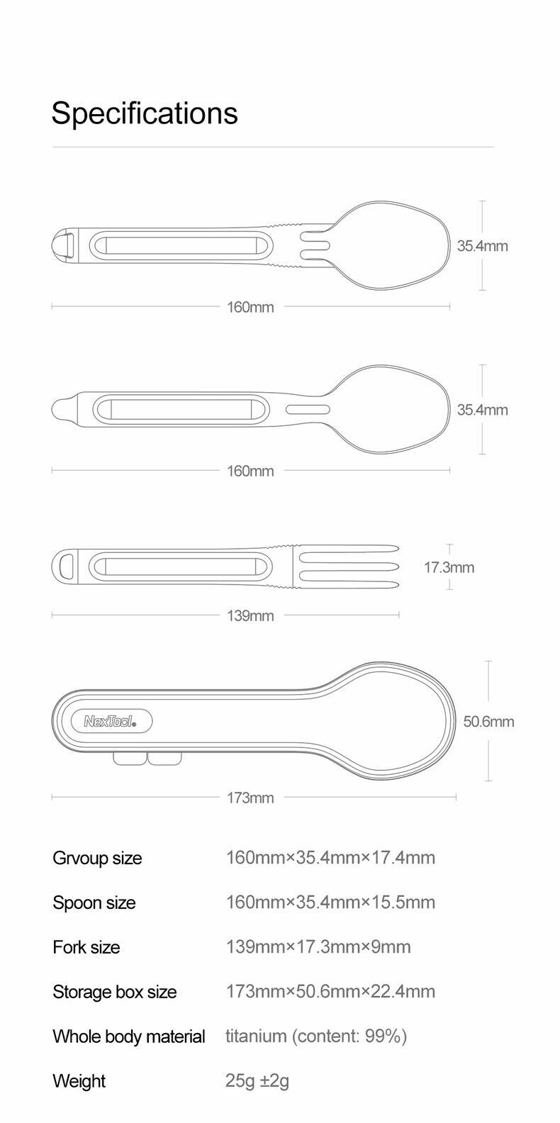 NEXTOOL KT5525 Titanium Spoon Fork Tableware Set Portable Cutlery Ultralight 25g