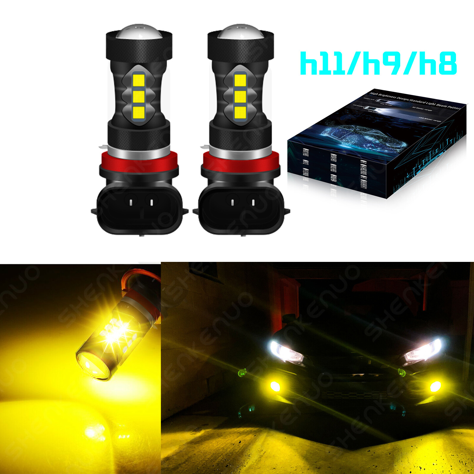 Bright H8 H11 H16 LED Fog Driving Light Bulbs 3000K Gold yellow High Power Set 2