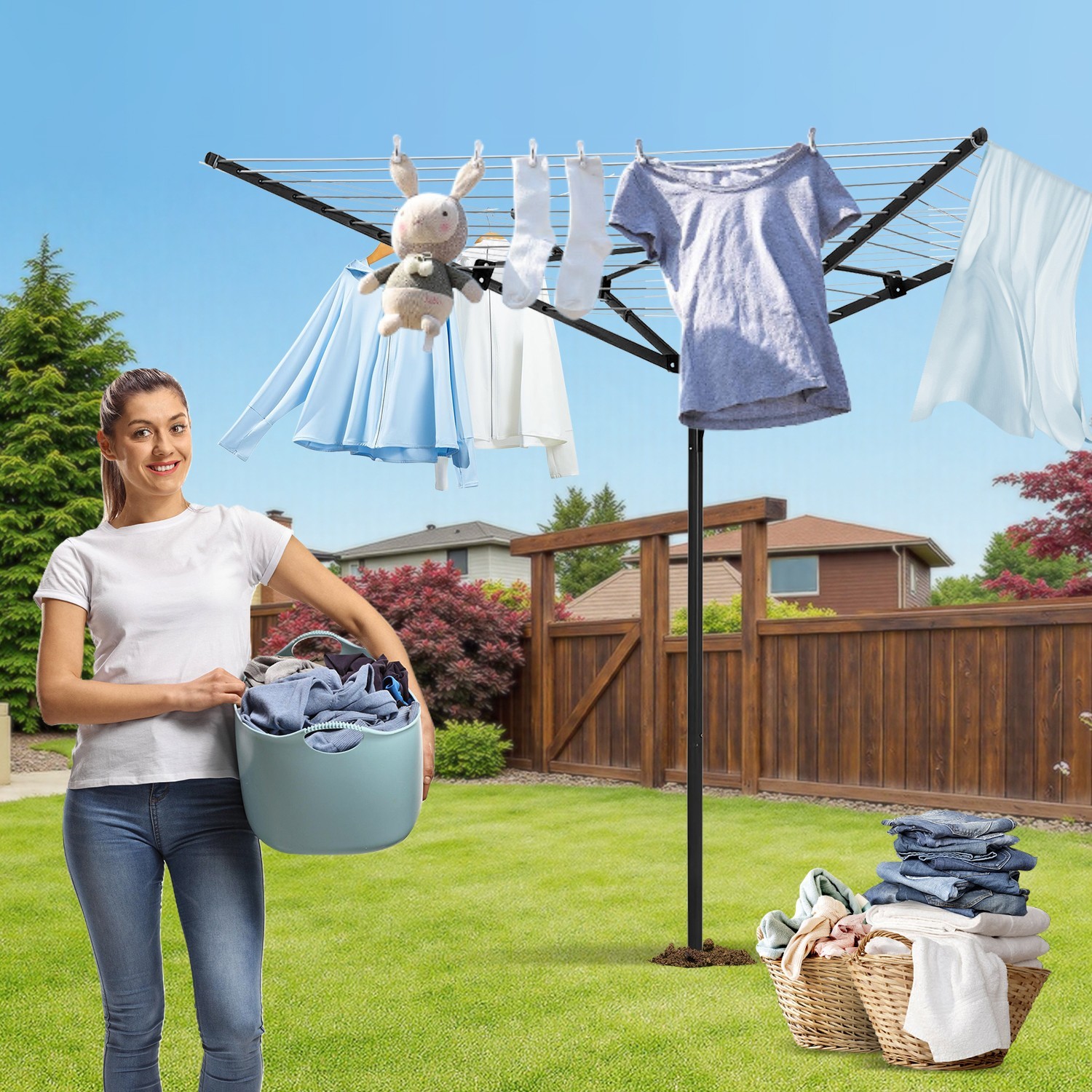 Umbrella Clothesline Outdoor Adjustable Height Drying Rack 4 Arms 12 Lines 165FT