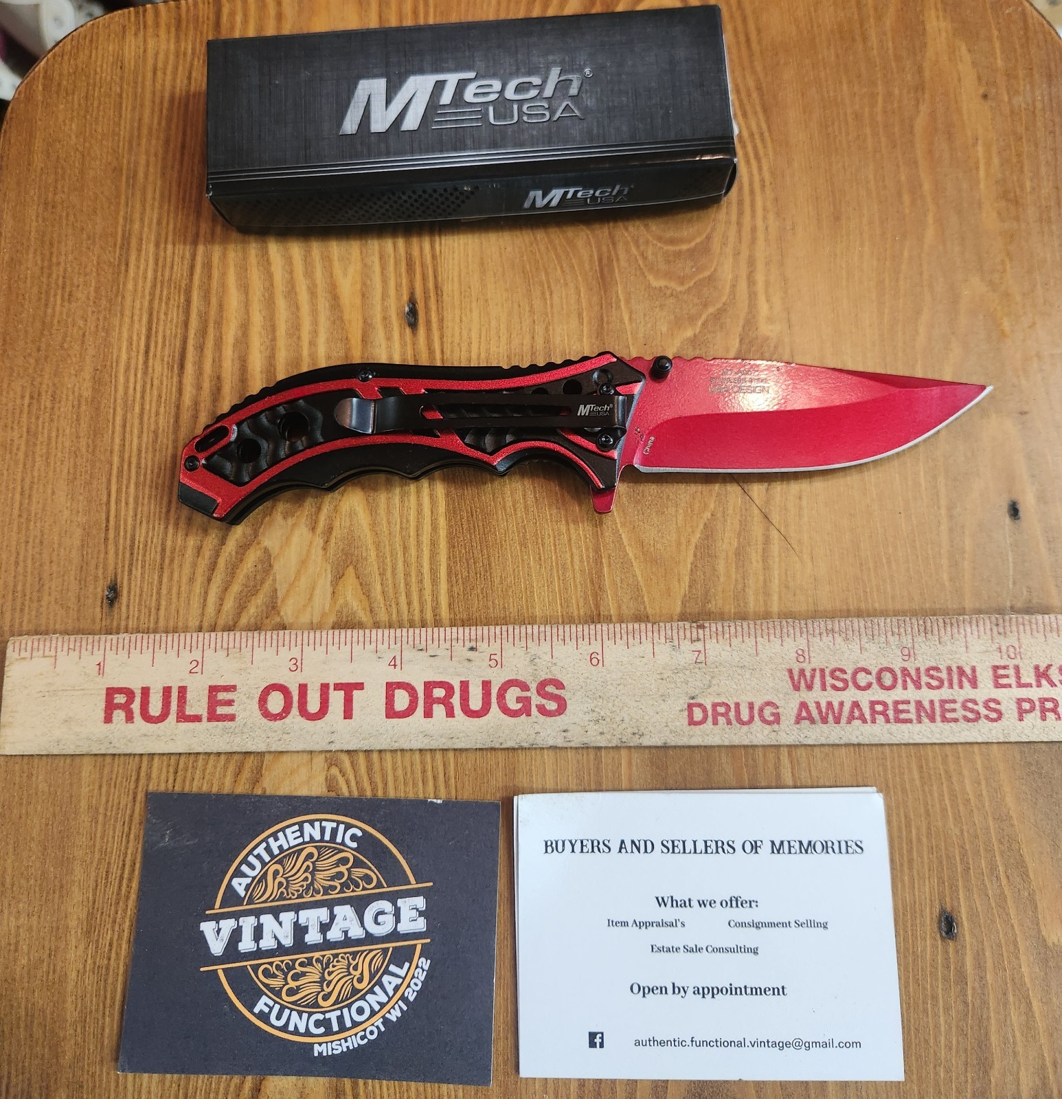 MTech Folding Knife 3.63 Stainless Steel Blade Black/Red Grooved Aluminum Handle
