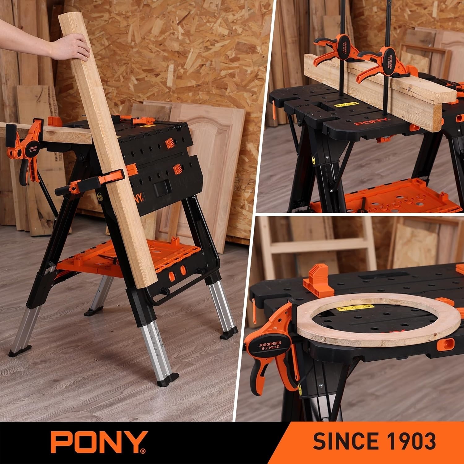 Pony Folding Work Table Sawhorse Workbench Adjustable w/ Clamps