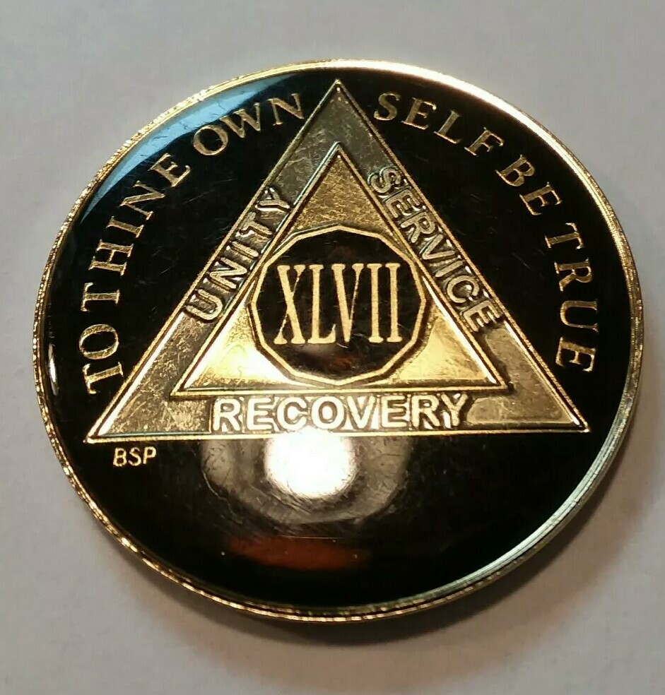 47 Year AA Sobriety Coin Medallion- Black Enamel, Gold, Silver 47th XLVII