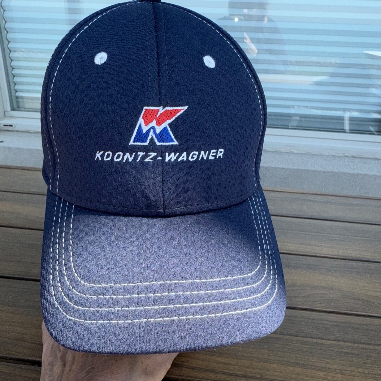 Koontz-Wagner RWb K Logo Letters on Navy Blue Hat Cap Hook Loop Top Stitch EUC