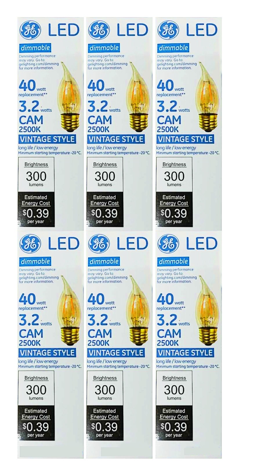 (6 pack) GE 75914 Vintage Style LED 40 watt equivalent Decorative CAM bulb