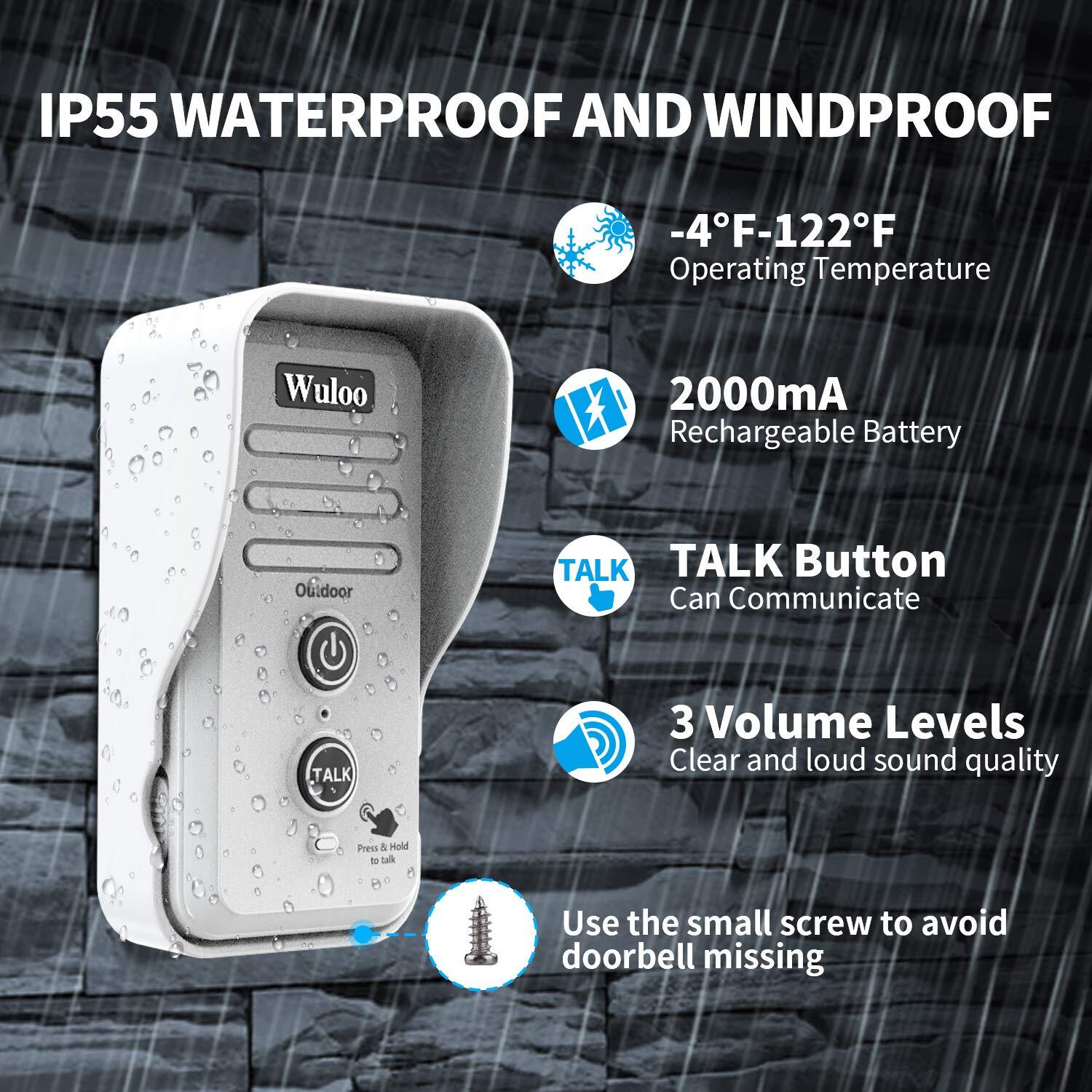 Wuloo Wireless Doorbell Intercoms 2640ft Range Weatherproof Rechargeable Stand