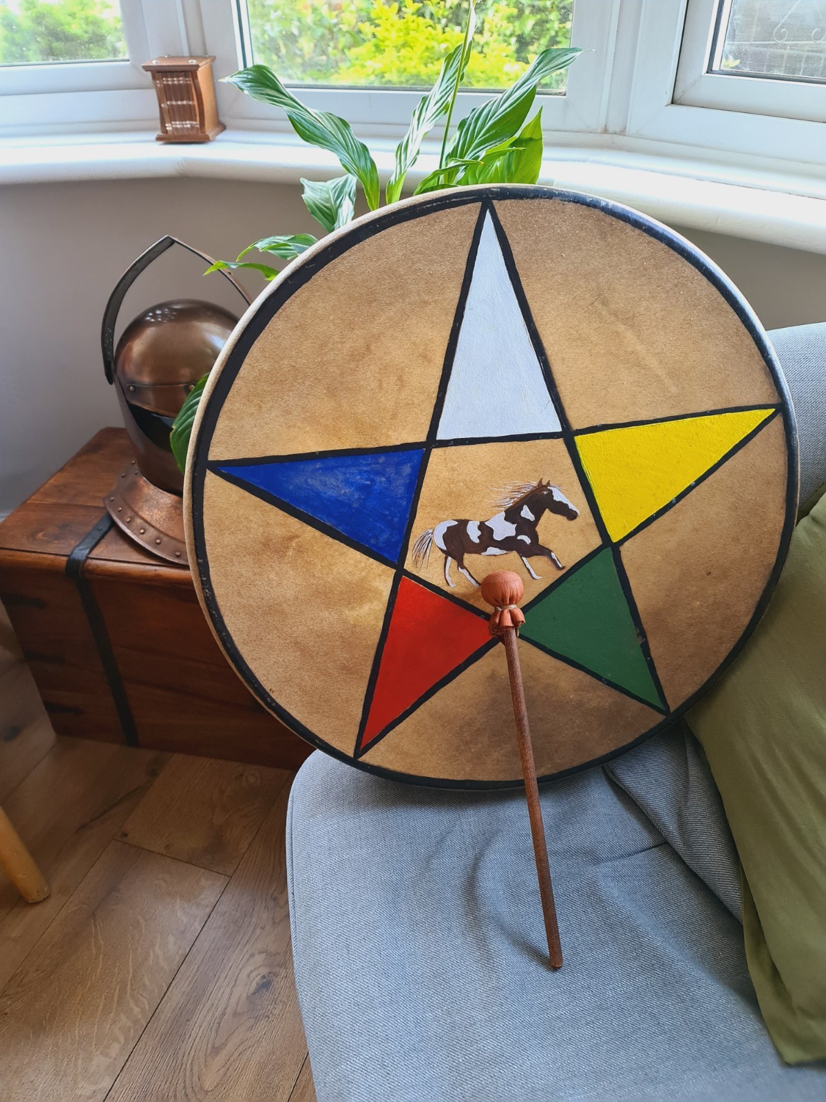 Vintage Handpainted Drum Native American Shermanic Ceremonial Buffalo Leather
