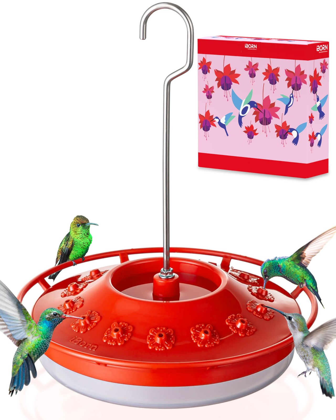 iBorn Hummingbird Feeders for Outdoors Hanging,Bee Proof Red