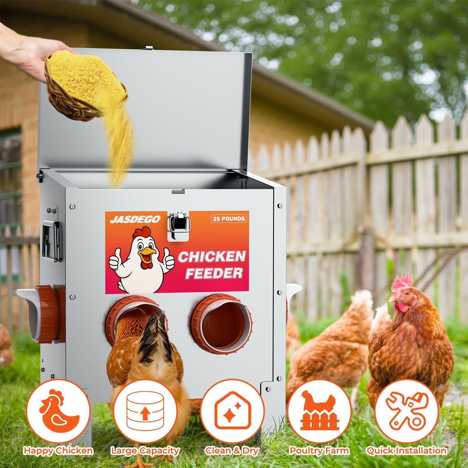 JASDEGO 4 Ports Metal Chicken Feeder No Waste 25 Pounds Automatic Poultry Fee...