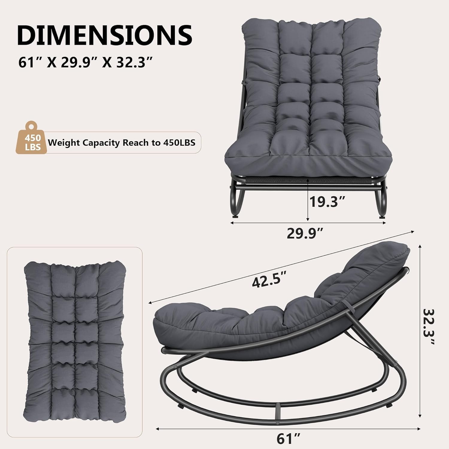Papasan Rocking Chair, Indoor Outdoor Metal Patio Rocker with Comfy Cushion, 300